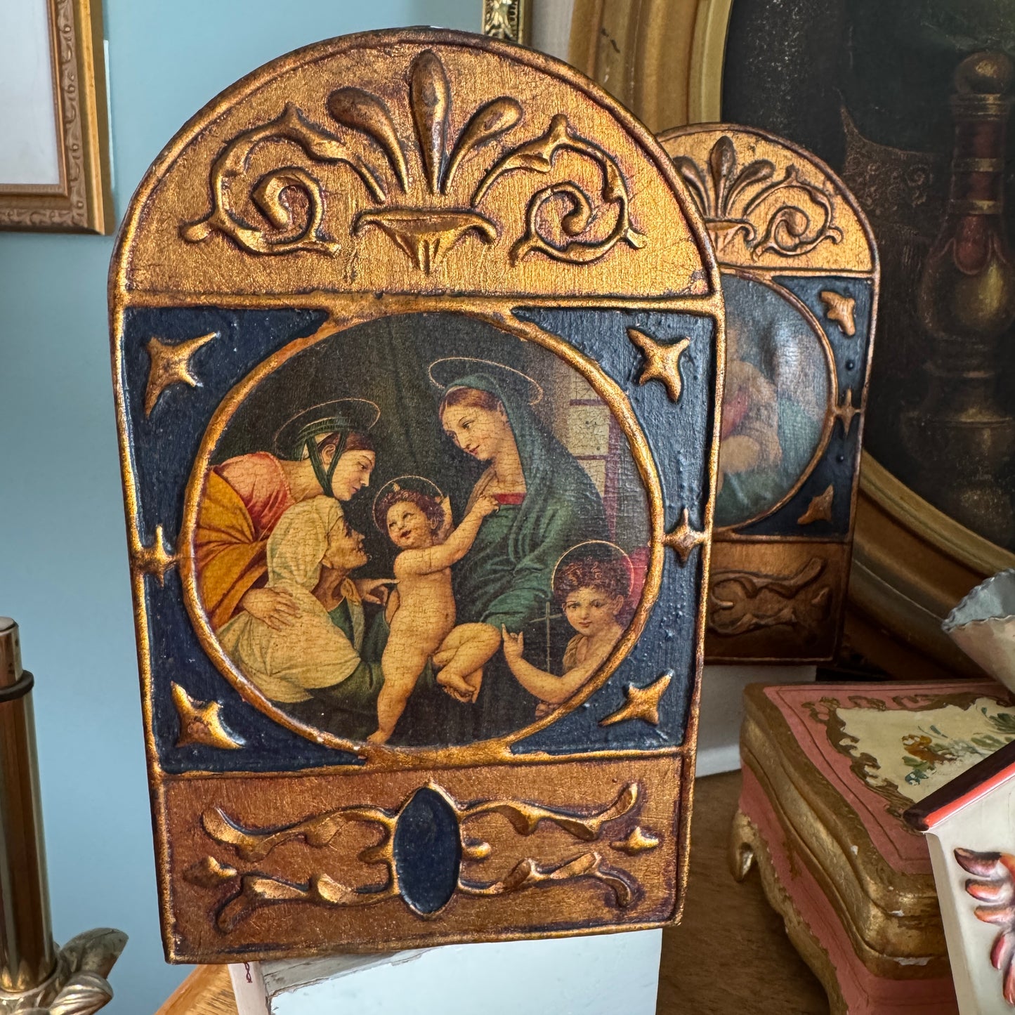 Vintage Pair of Italian Raphael's Madonna Of The Chair & Dell'Impannata Gilt Book Ends