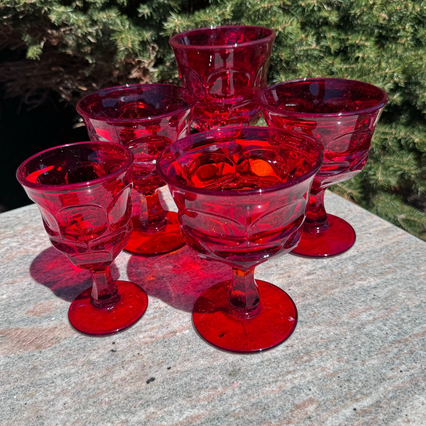 5 Fostoria Henry Ford Museum Red Argus Goblets, Sherbet, & Wine Glasses