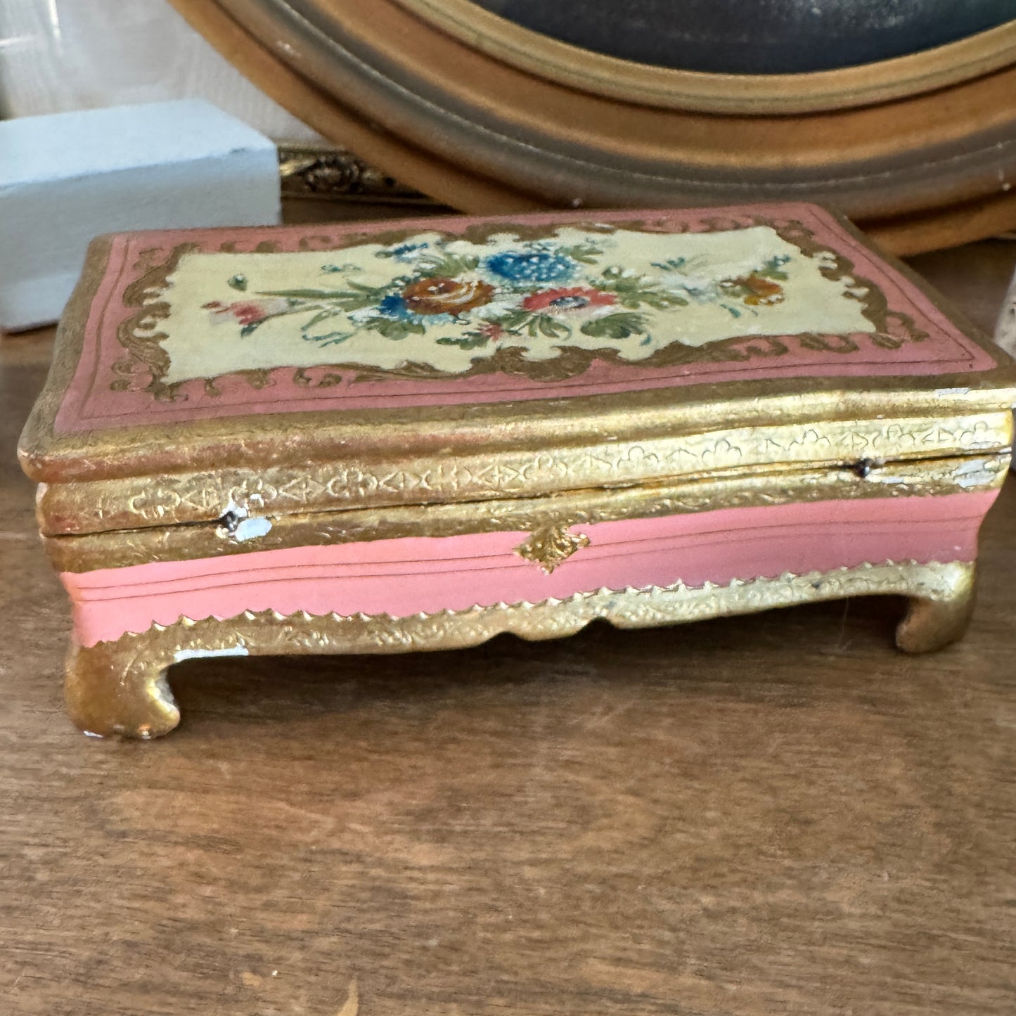Vintage Italian Gilt & Pink Handpainted Floral Footed Wooden Box