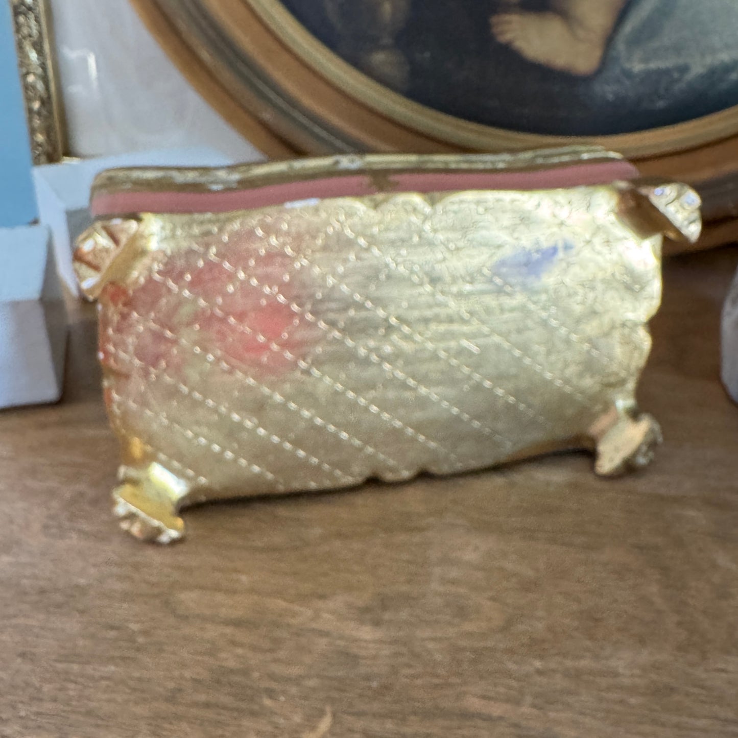 Vintage Italian Gilt & Pink Handpainted Floral Footed Wooden Box