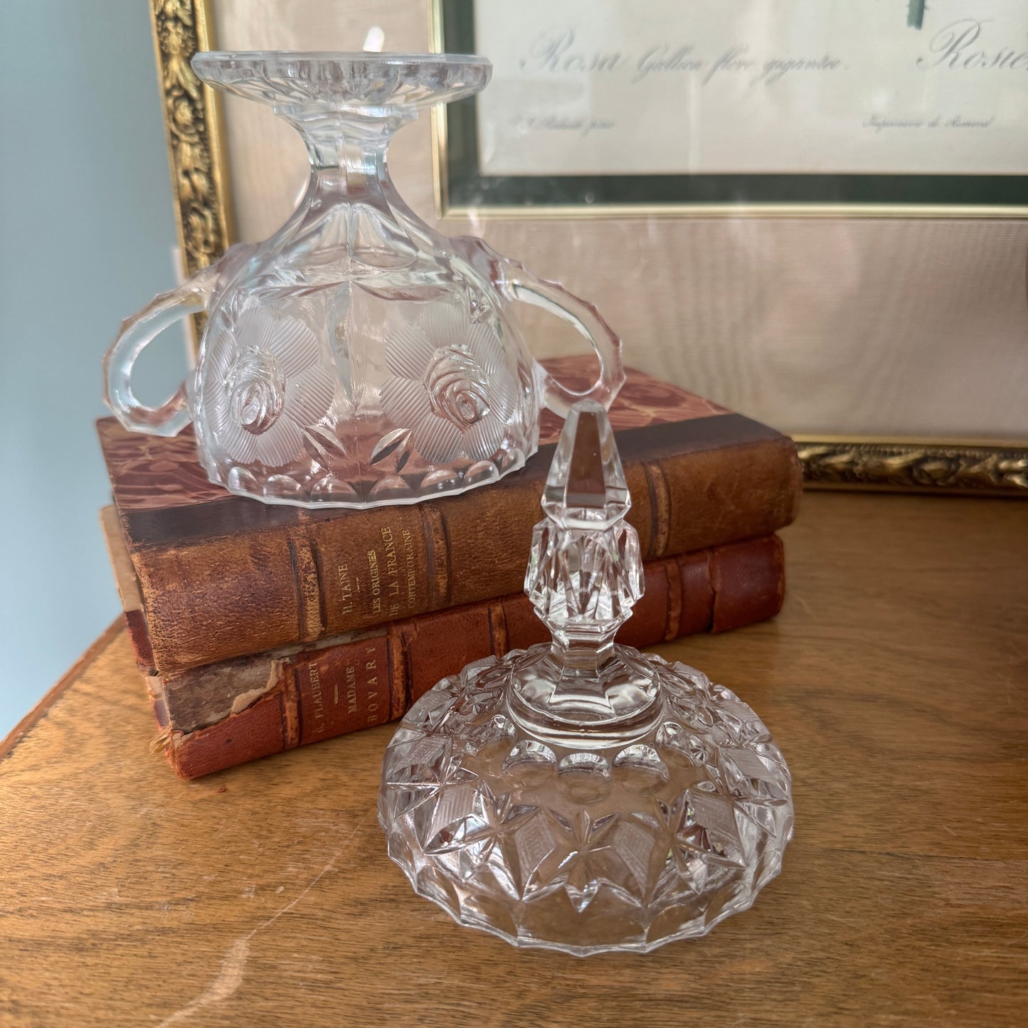 American Brilliant Cut Glass Double Handled Floral Covered Sugar Bowl
