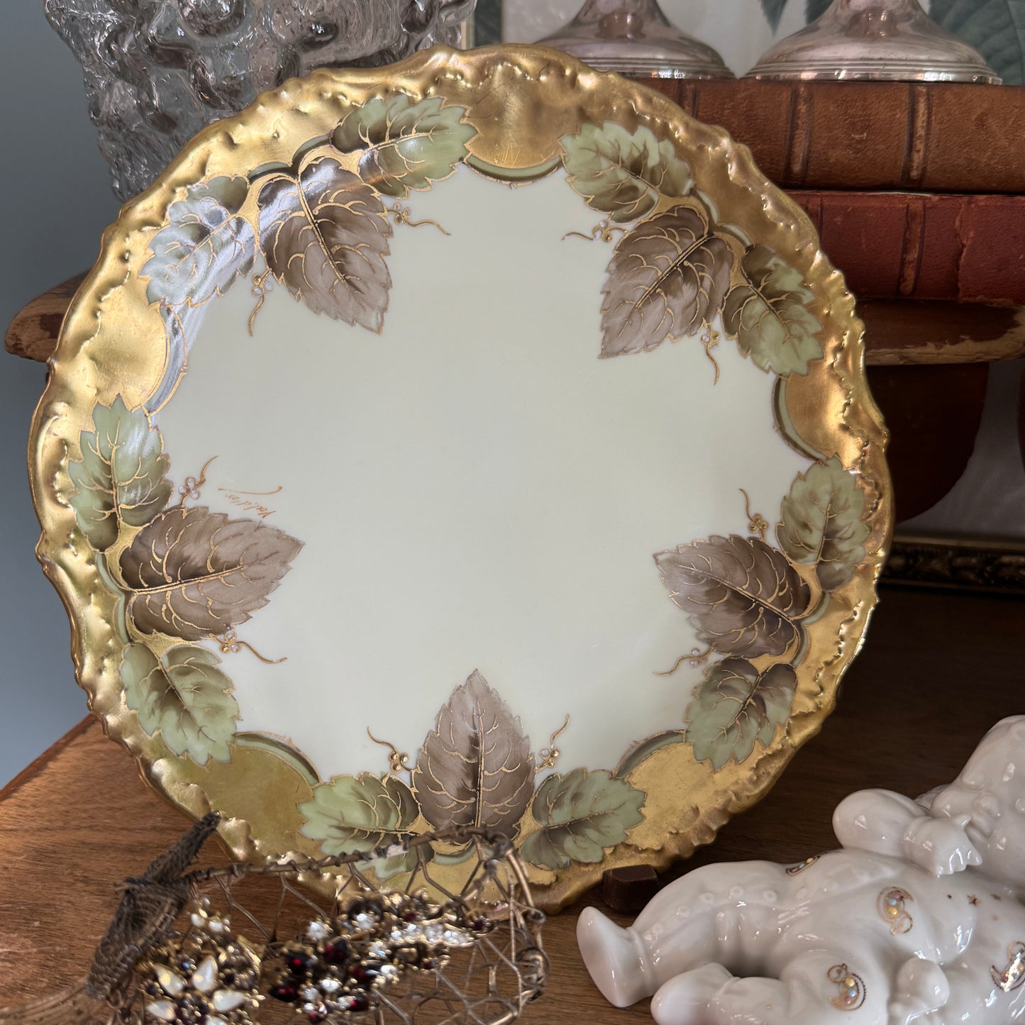 Antique Elite Limoges French Hand Painted Leaves Plate Signed