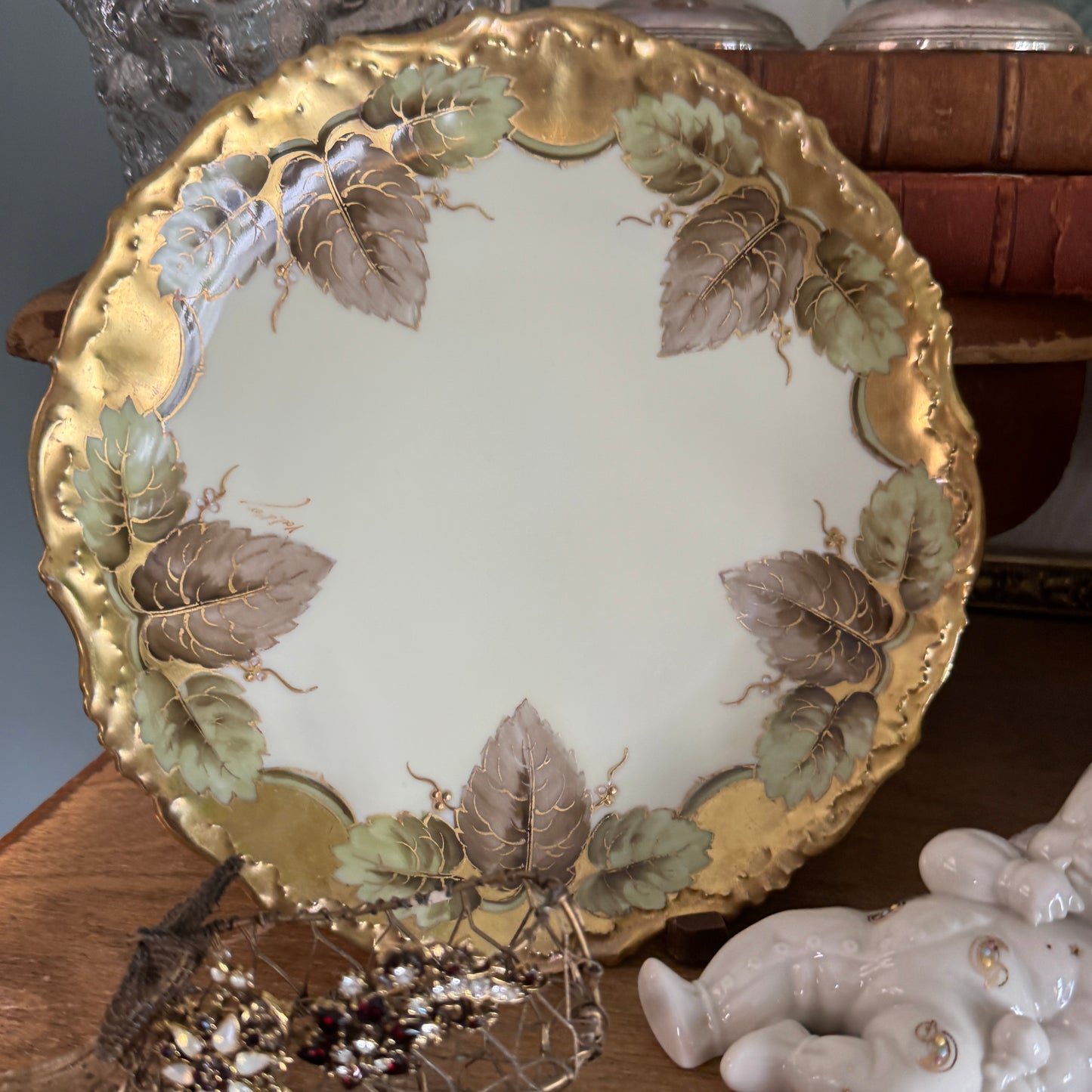 Antique Elite Limoges French Hand Painted Leaves Plate Signed
