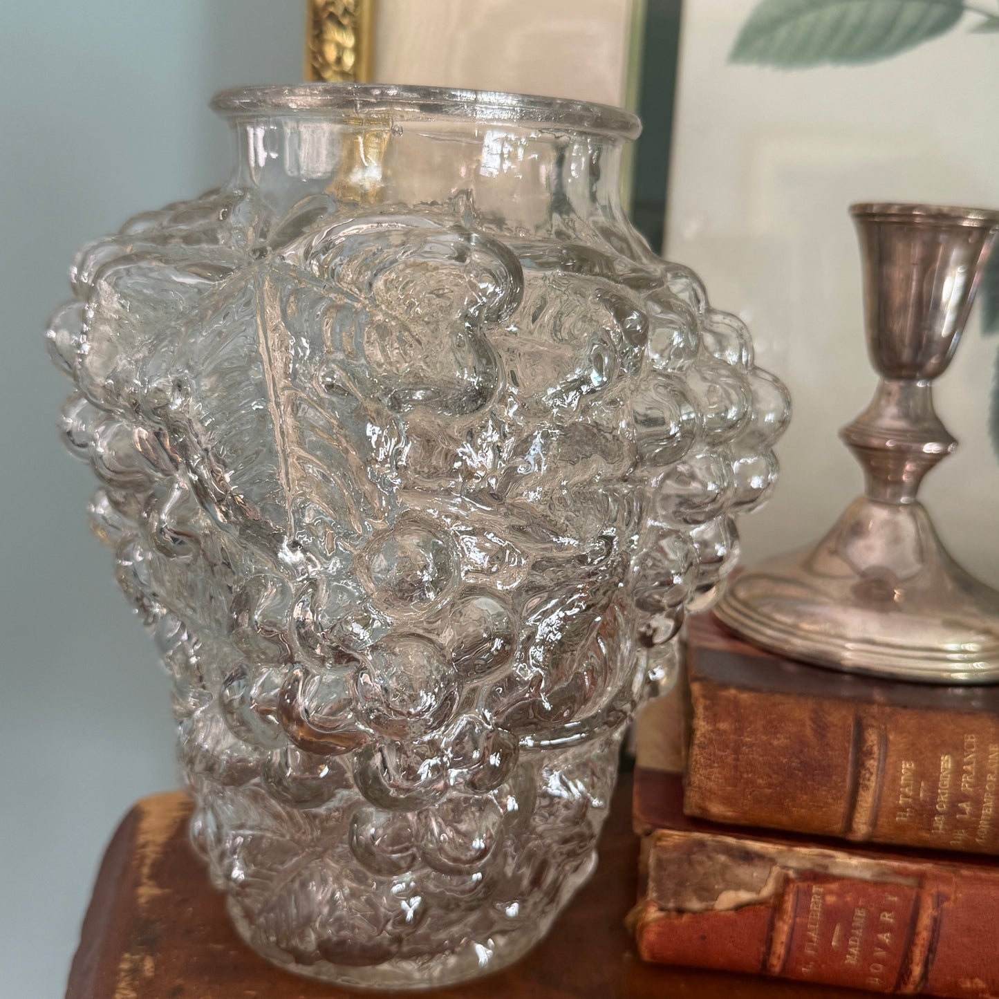 Antique Clear Maganese Goofus Glass Grapes Vase
