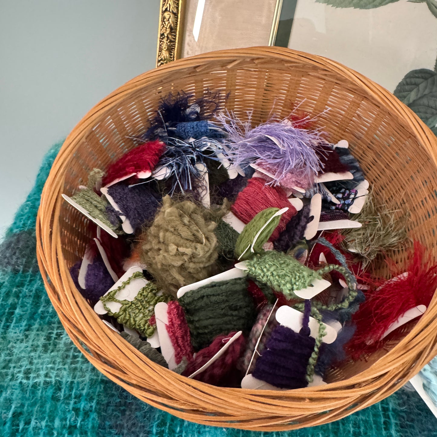Vintage Woven Split Bamboo Covered Sewing Basket and 80 Art Yarn Bundles