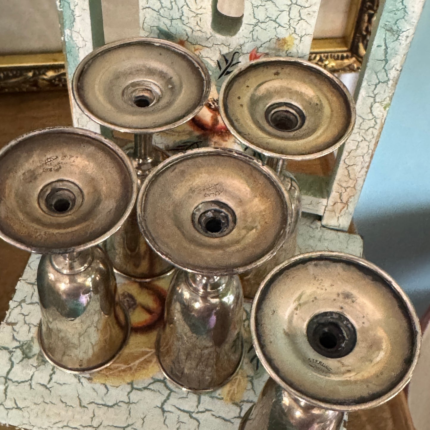 Five Antique E. G. Webster Co Judaica Sterling Footed Kiddush Cups
