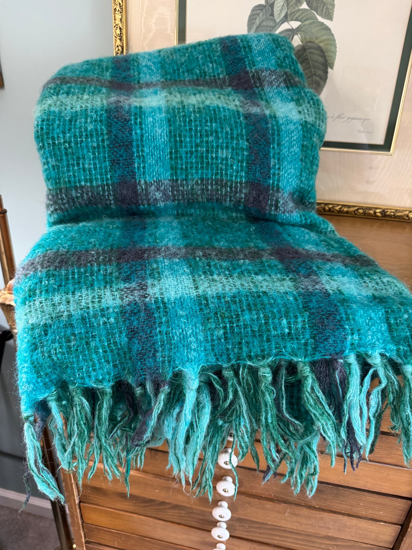Irish Donegal Design Green,Purple & Blue Plaid Mohair Wool Blanket