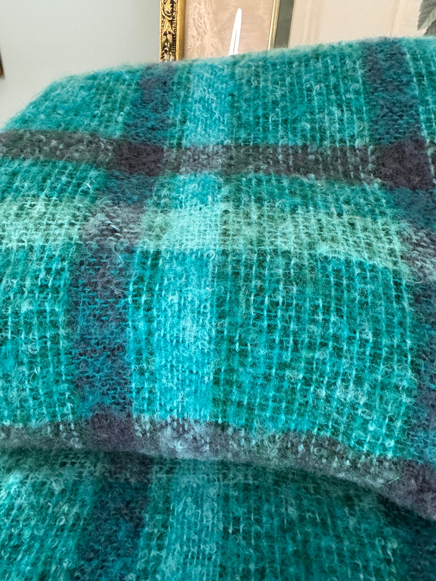 Irish Donegal Design Green,Purple & Blue Plaid Mohair Wool Blanket
