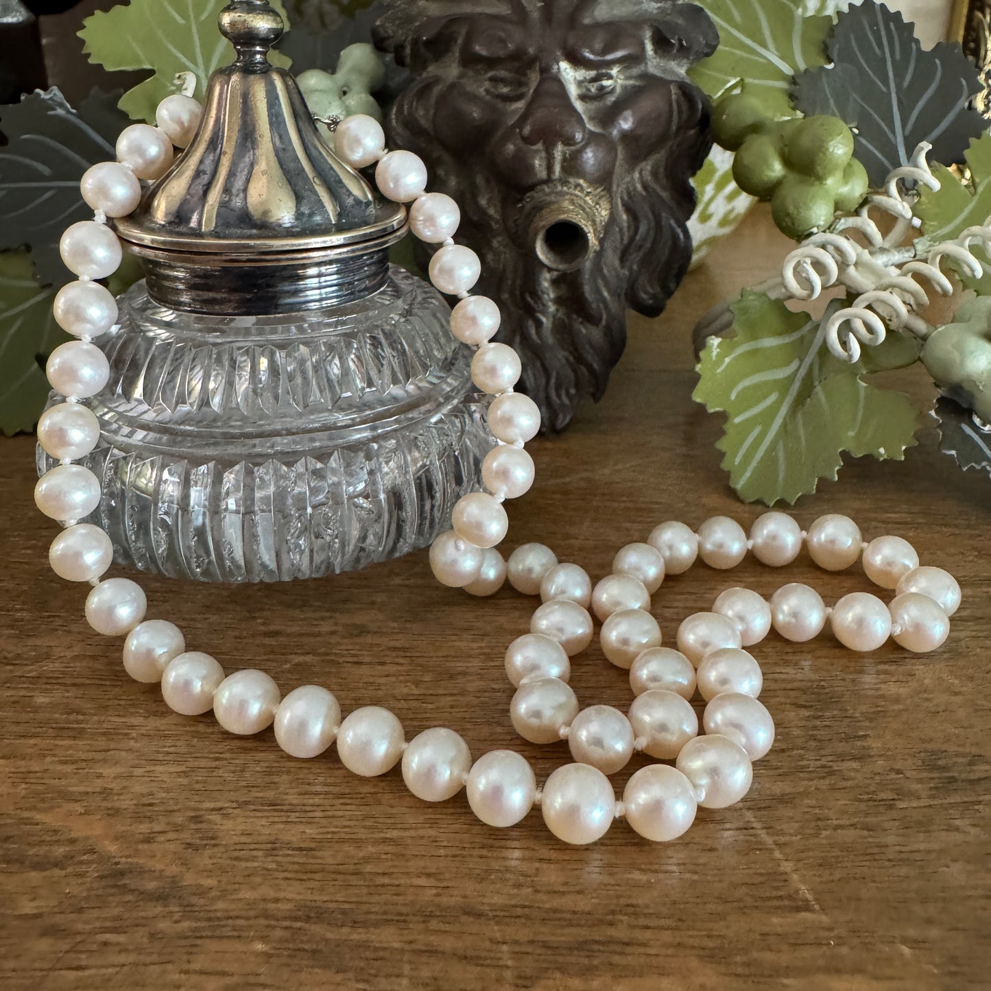 Vintage 14K White Gold Filigree Soft White Cultured Pearl Necklace