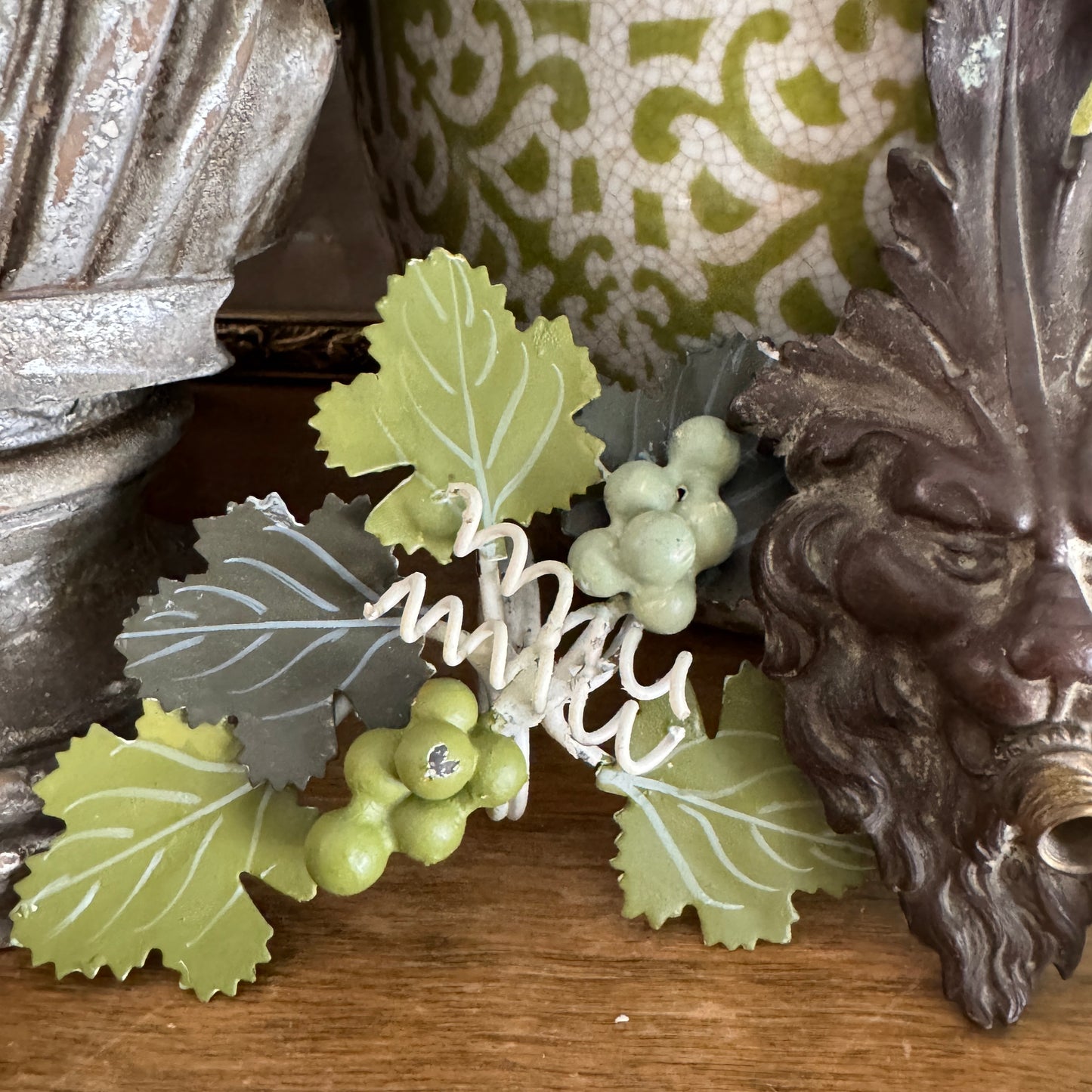 Pair of Vintage Hand Painted Tole Grape Vine Napkin Ring Holders