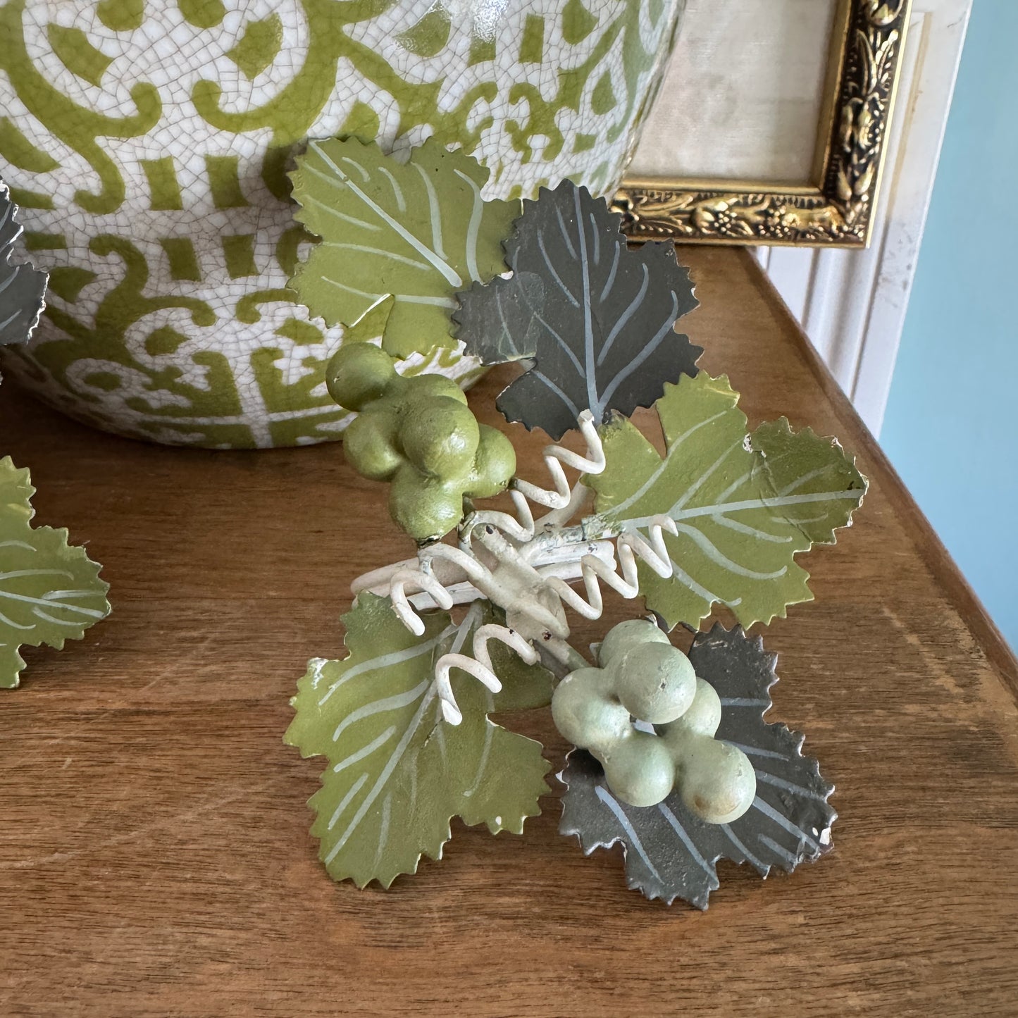 Pair of Vintage Hand Painted Tole Grape Vine Napkin Ring Holders