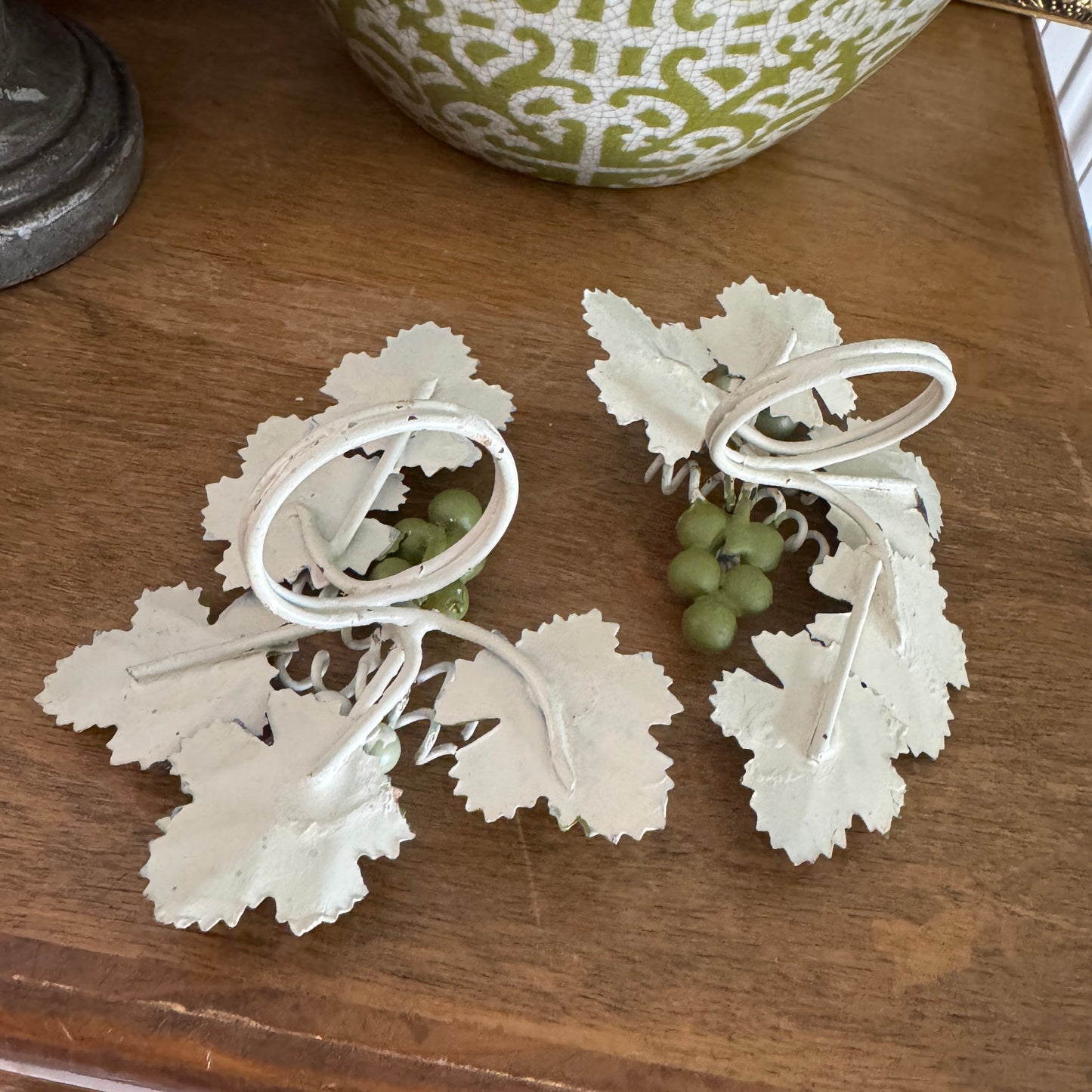 Pair of Vintage Hand Painted Tole Grape Vine Napkin Ring Holders