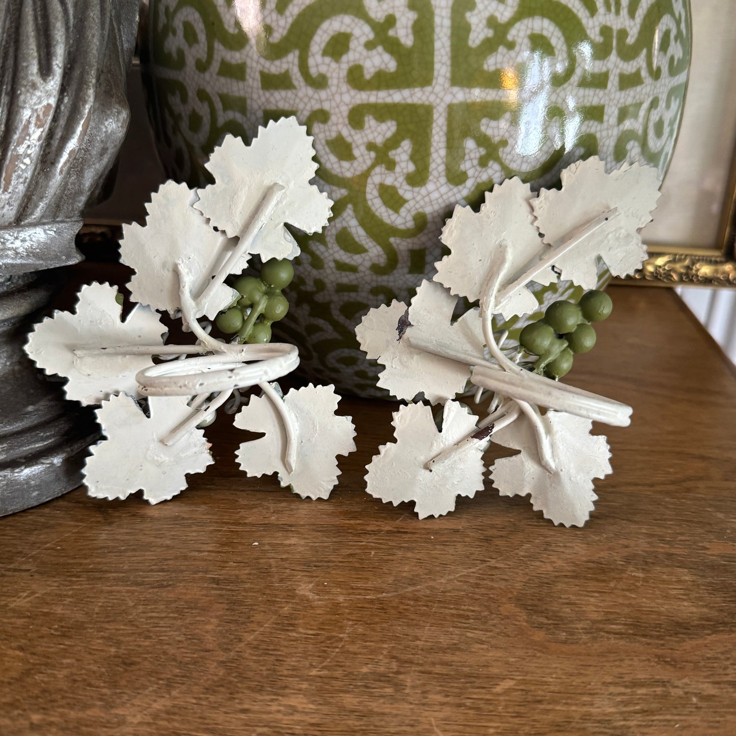 Pair of Vintage Hand Painted Tole Grape Vine Napkin Ring Holders