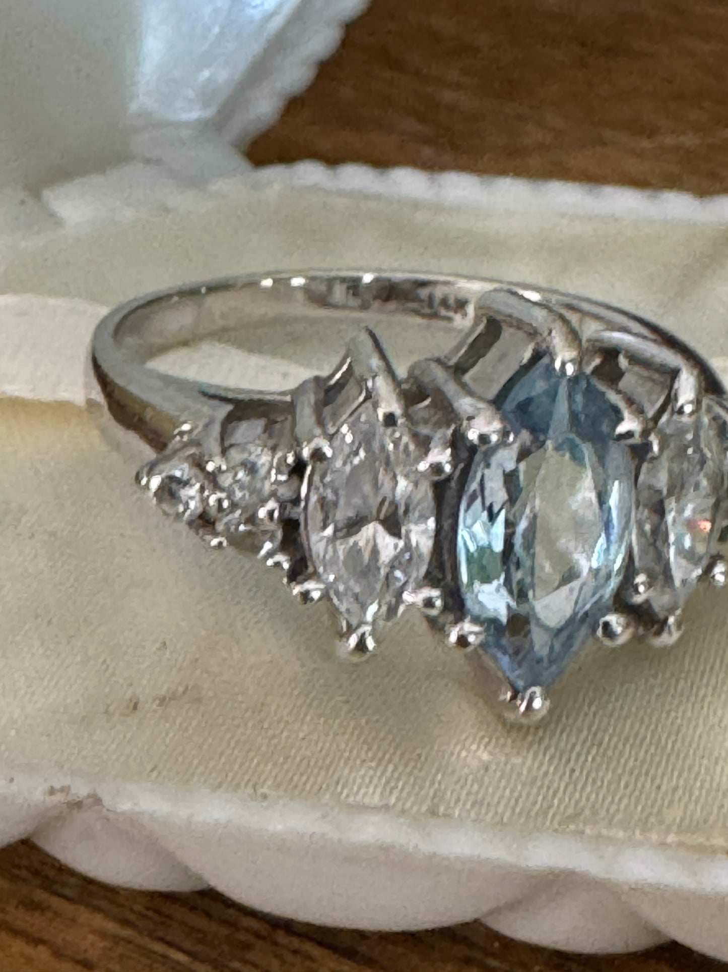 Vintage 14K White Gold Marquise Blue Topaz and CZ Ring Size 7.5