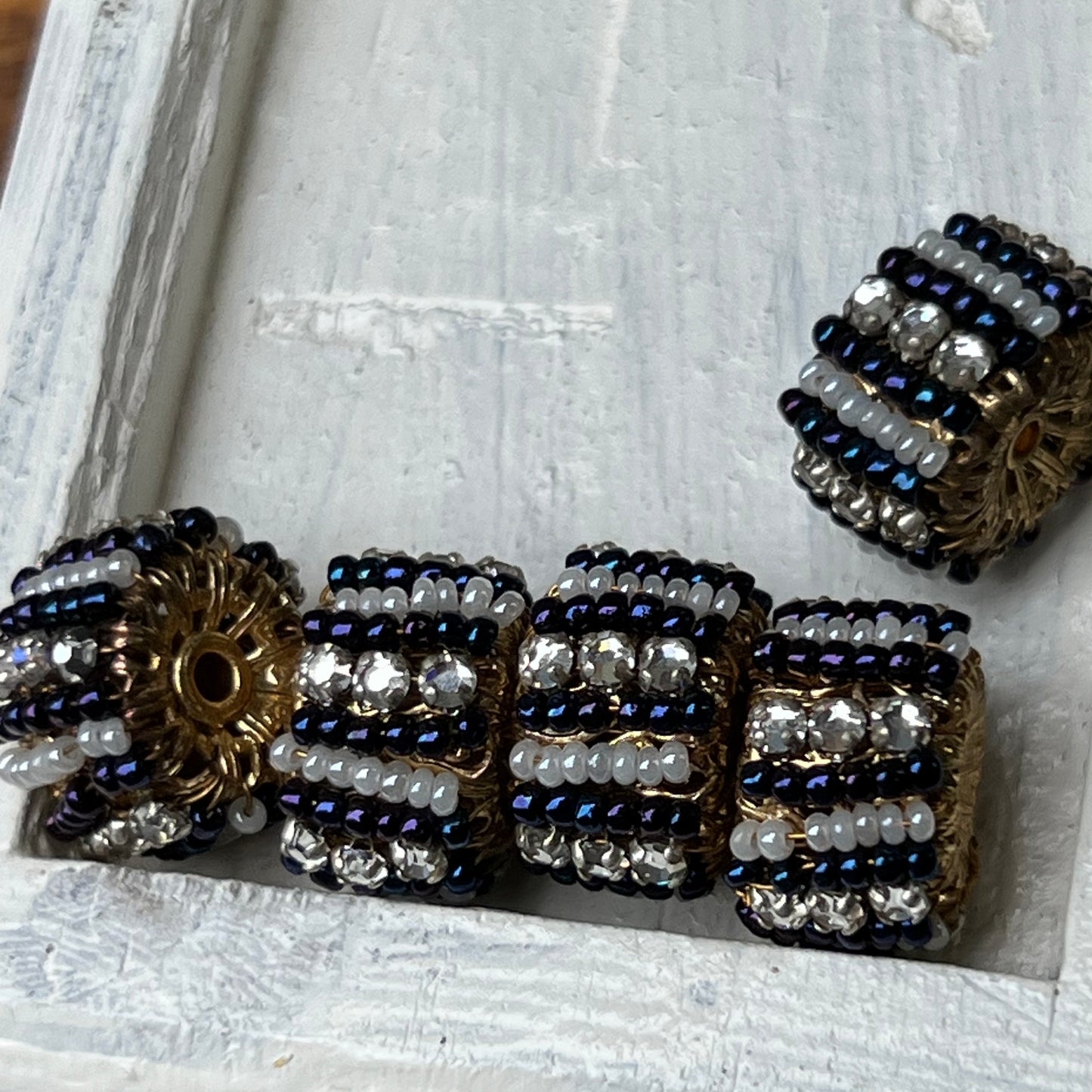 Five Vintage Vendome Glass Pearl , Blue Beads & Flat Back Rhinestone Rondels