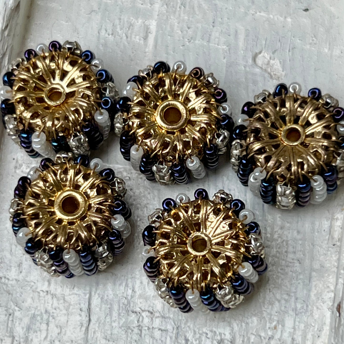 Five Vintage Vendome Glass Pearl , Blue Beads & Flat Back Rhinestone Rondels