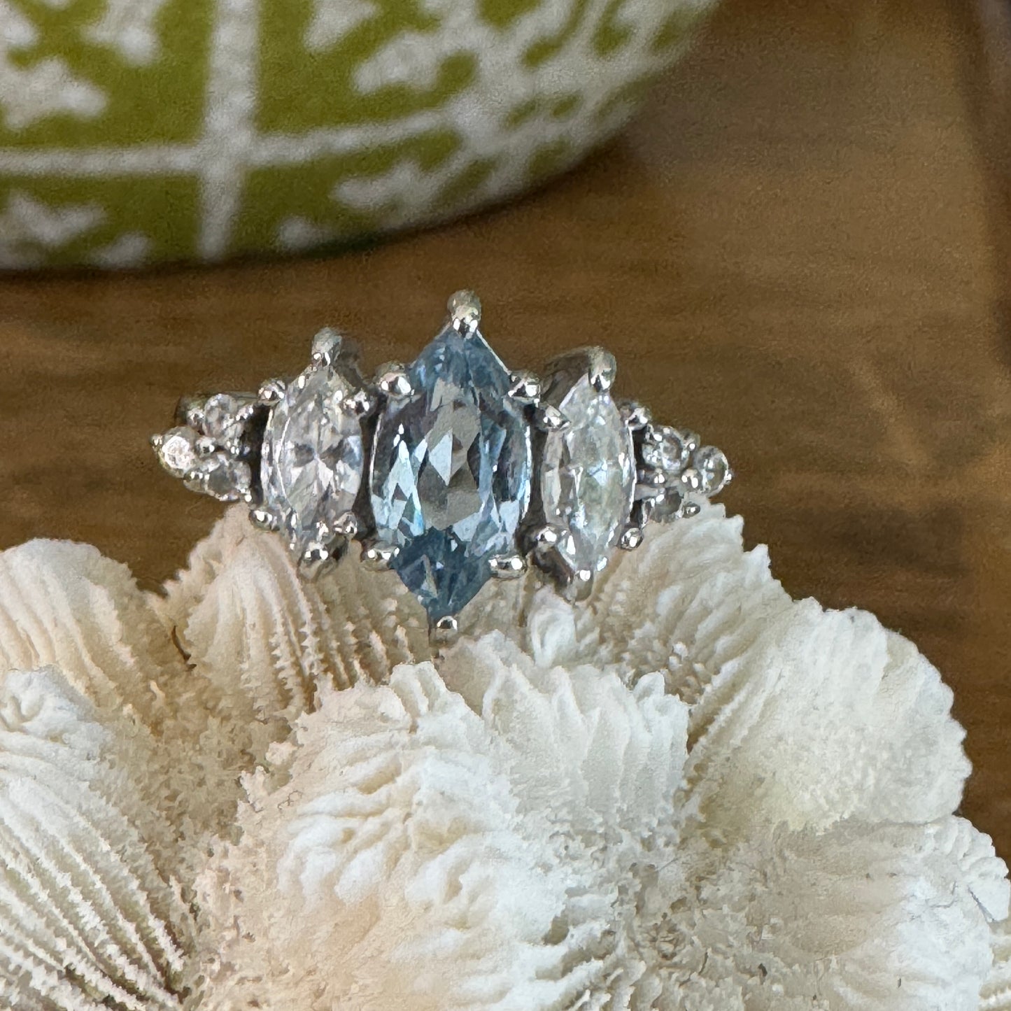 Vintage 14K White Gold Marquise Blue Topaz and CZ Ring Size 7.5