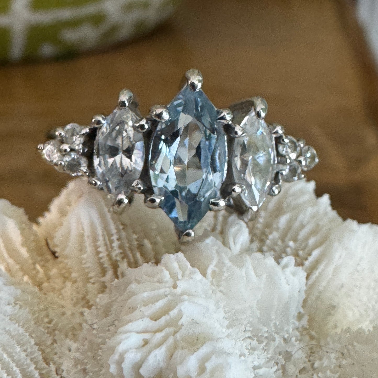 Vintage 14K White Gold Marquise Blue Topaz and CZ Ring Size 7.5