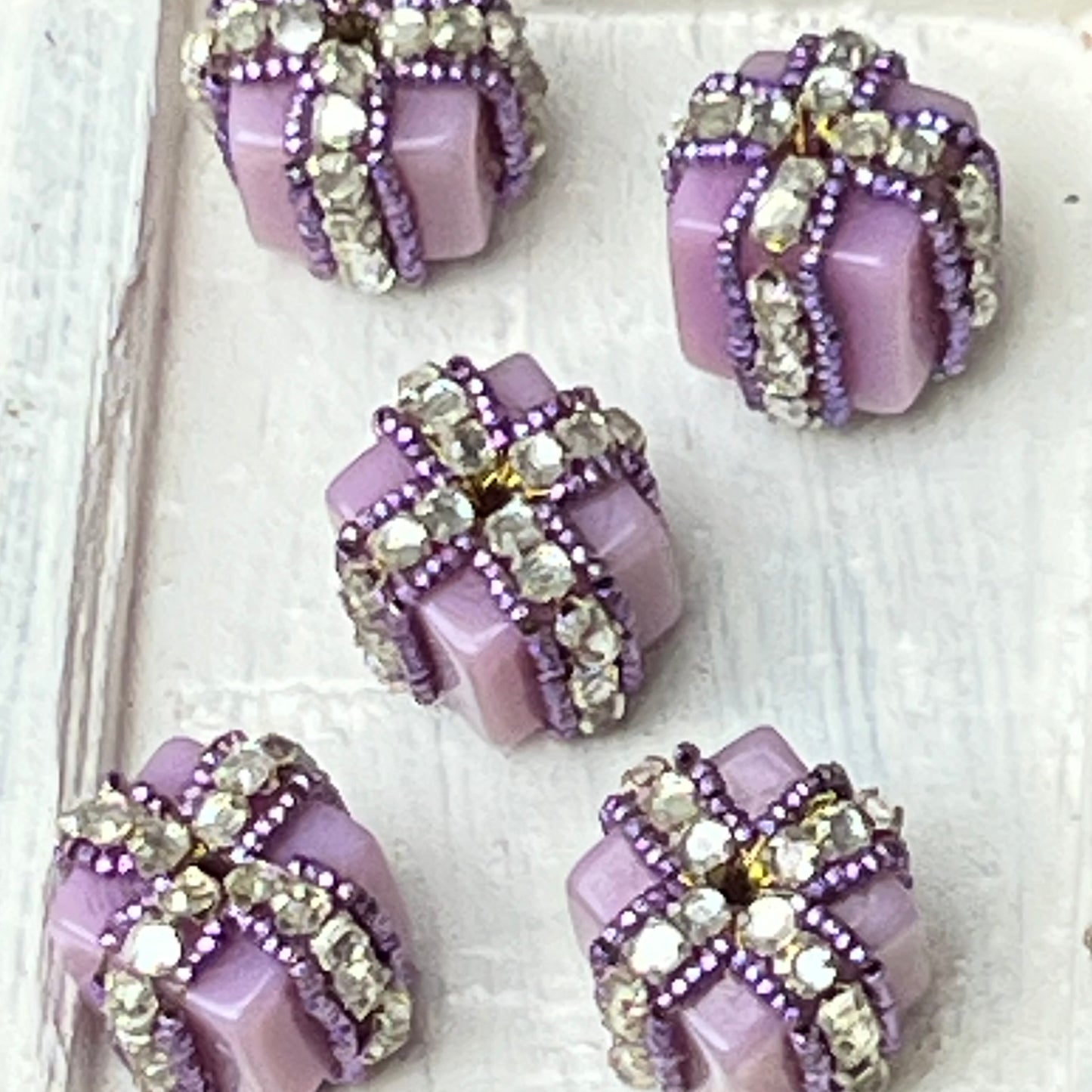Six Vintage Lavender and Flat Back Rhinestone Rondels