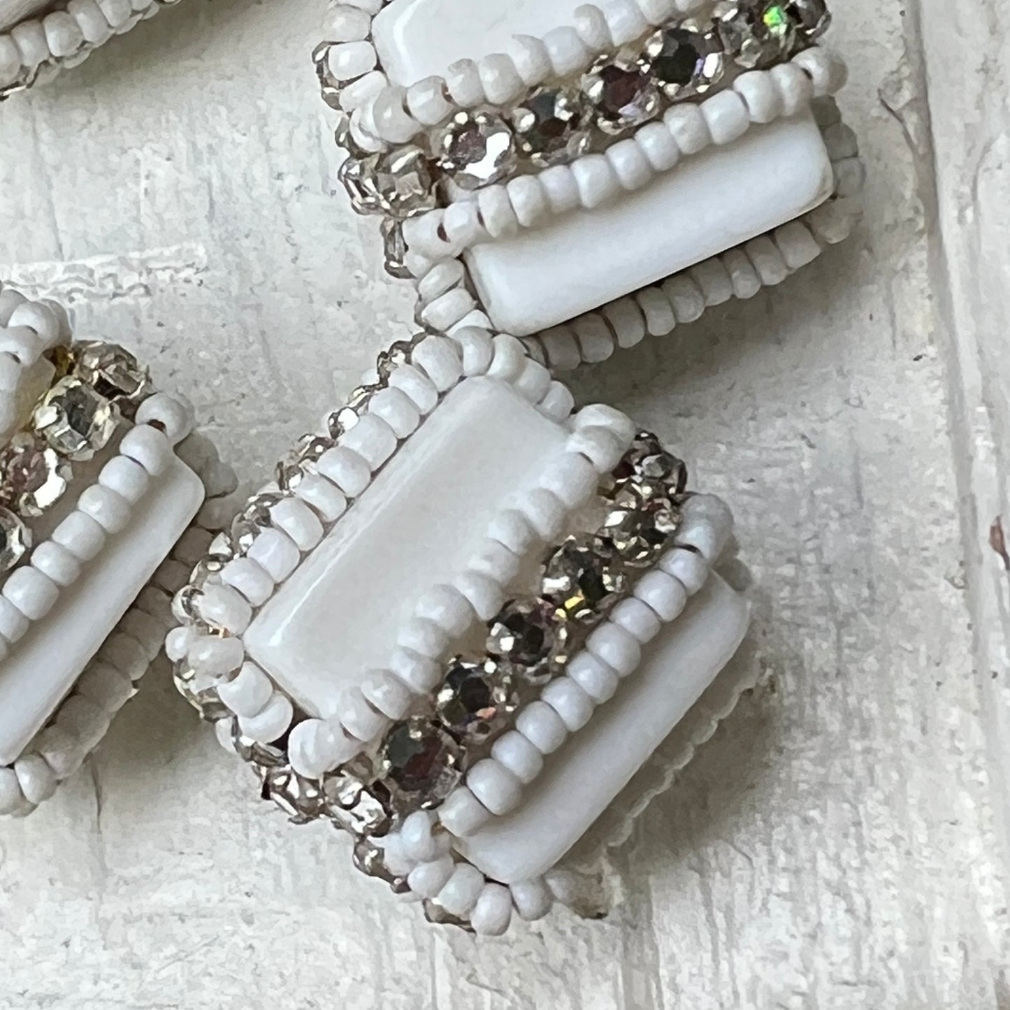 Four Vintage Soft White and Flat Back Rhinestone Rondels