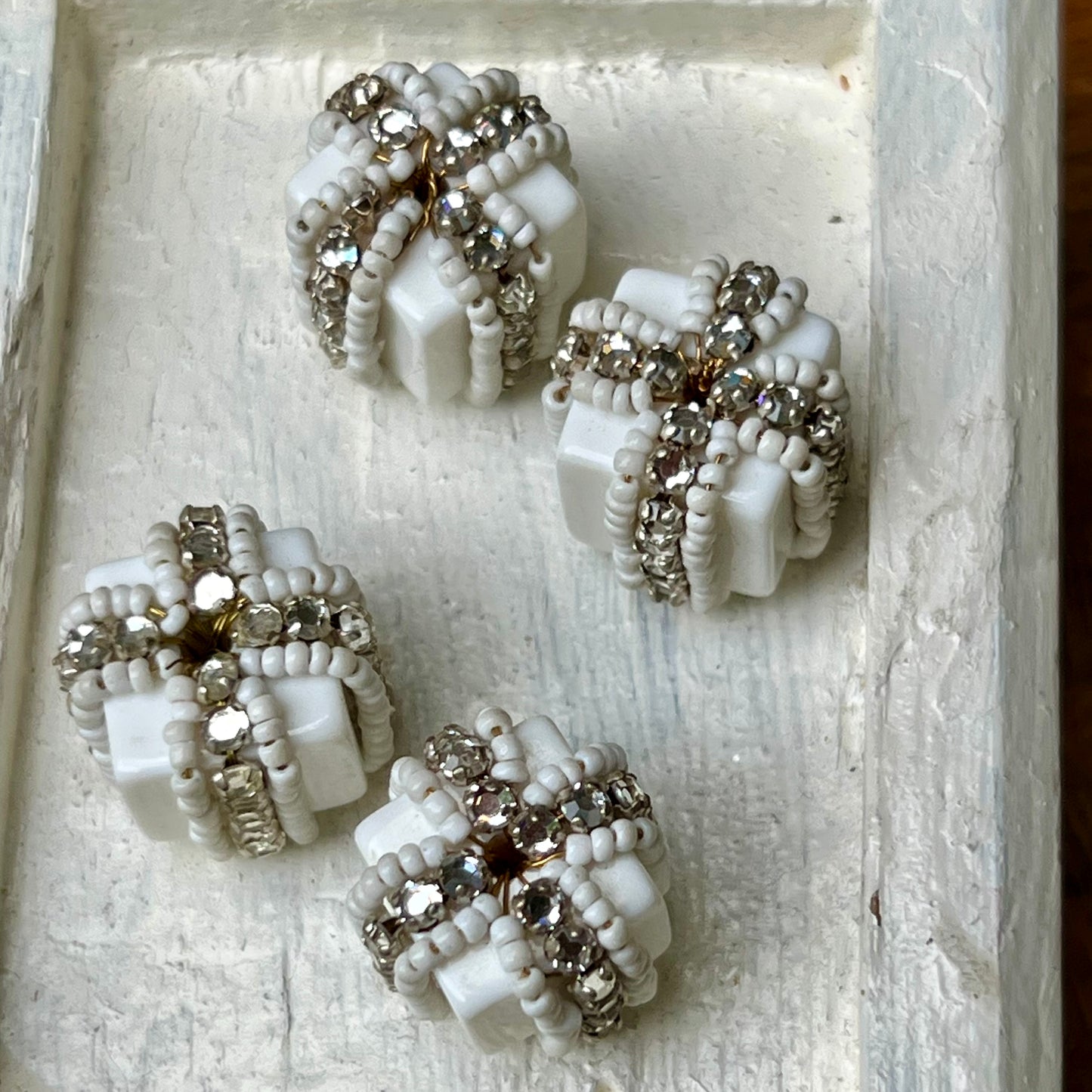Four Vintage Soft White and Flat Back Rhinestone Rondels