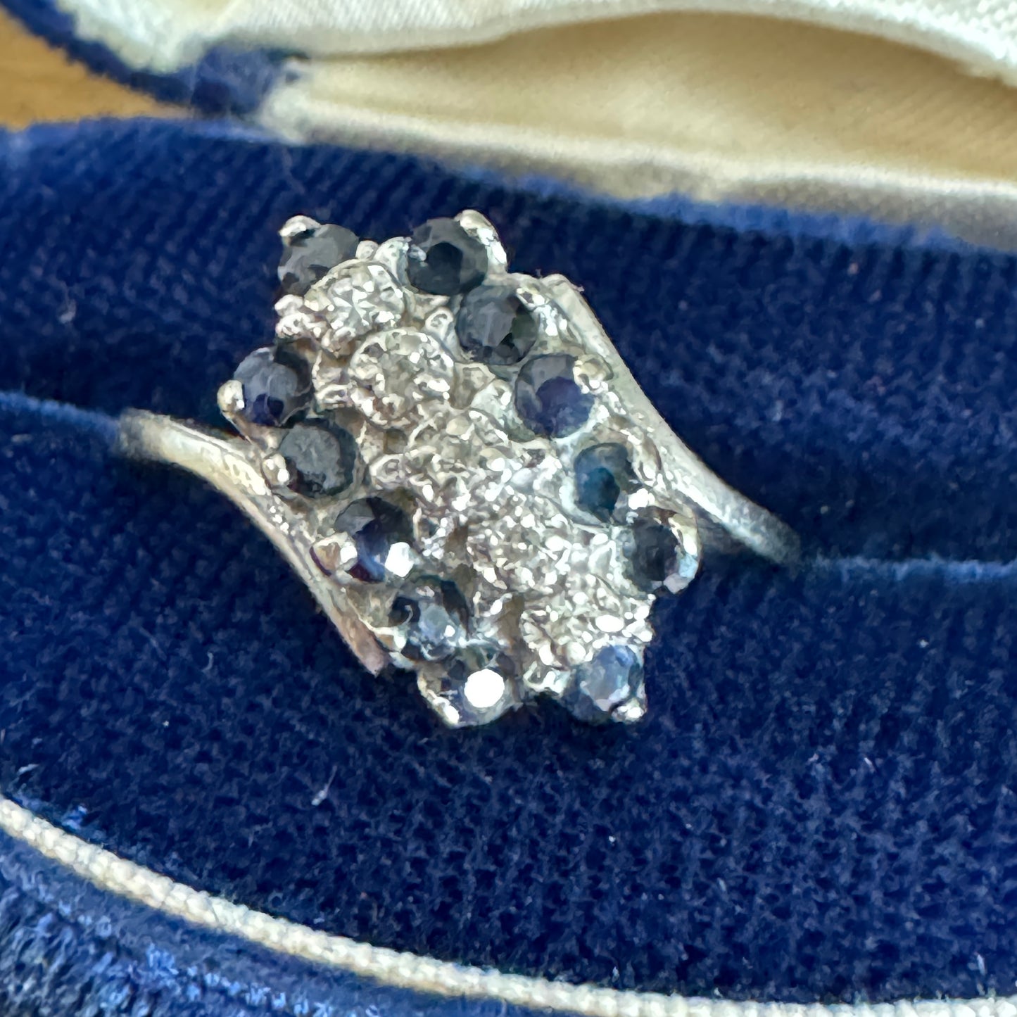 Vintage 10K White Gold Sapphire and Diamond Bypass Ring Size 7