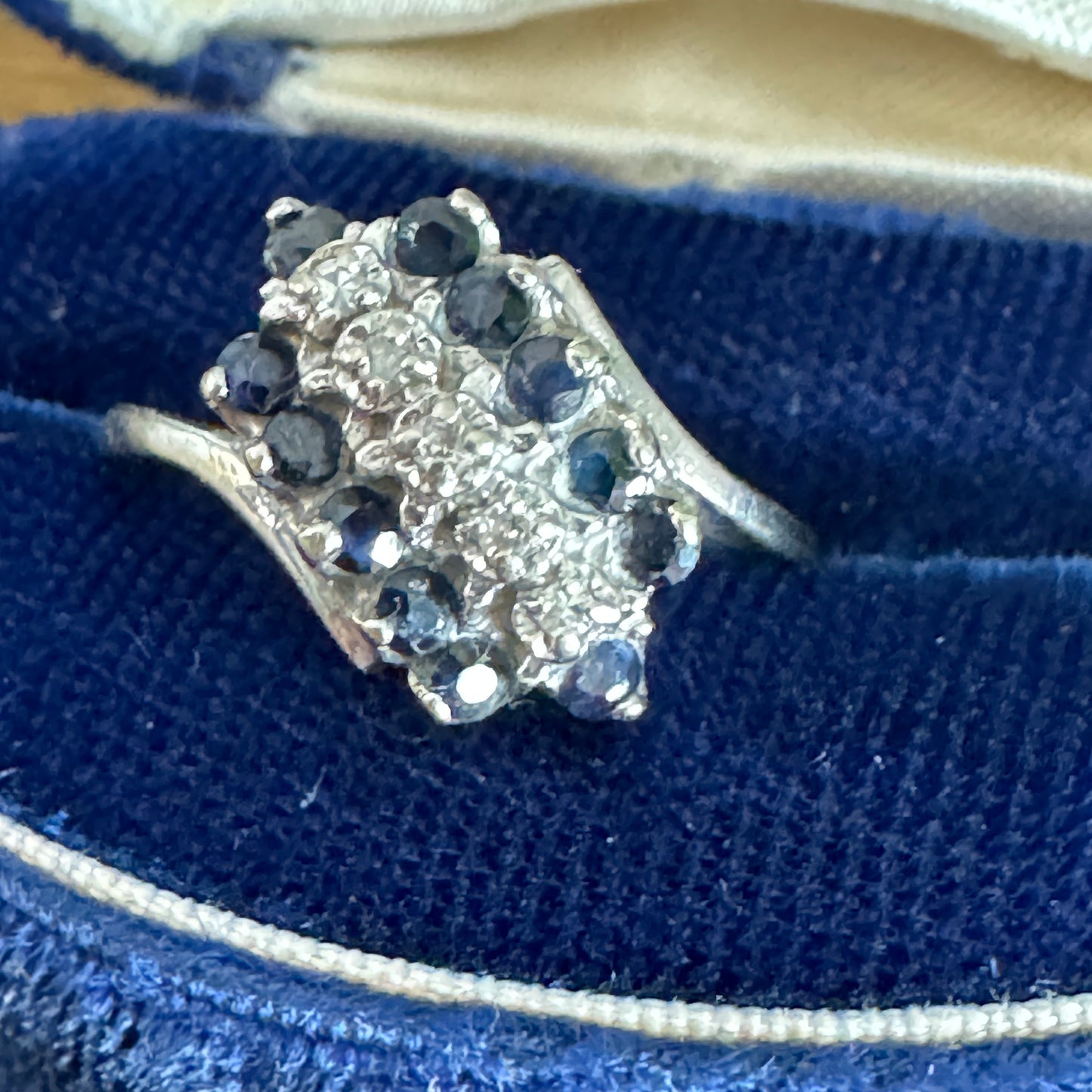 Vintage 10K White Gold Sapphire and Diamond Bypass Ring Size 7
