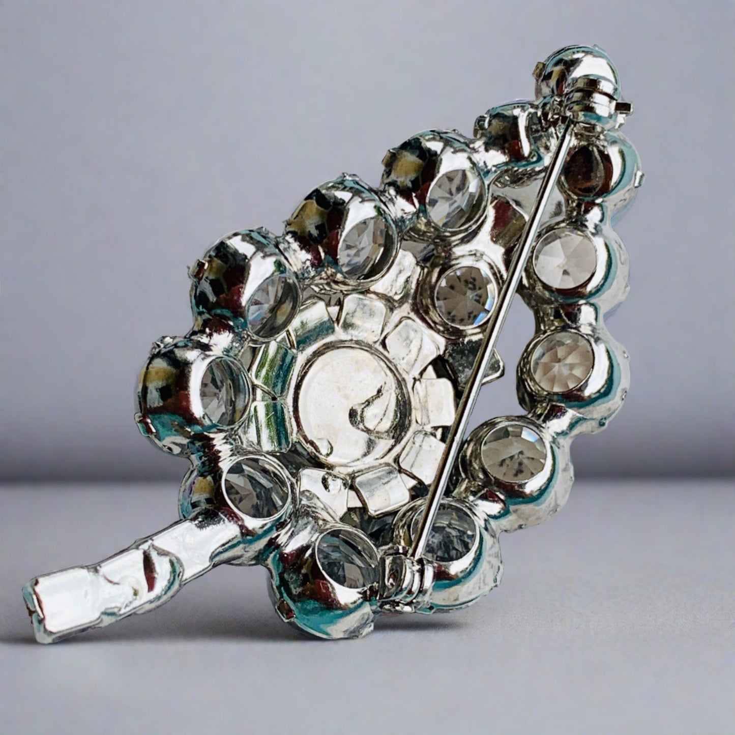 Vintage Clear Multi Faceted Rhinestone Stylized Leaf Pin