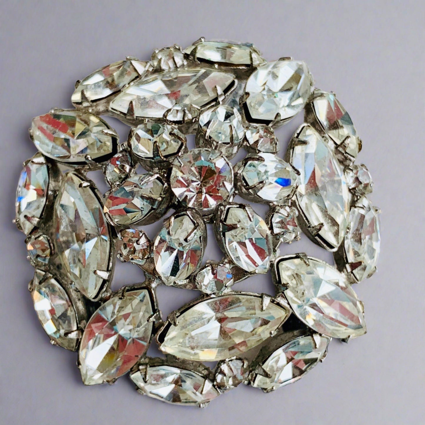 Sparkling Vintage Clear Rhinestone Layered Floral Brooch