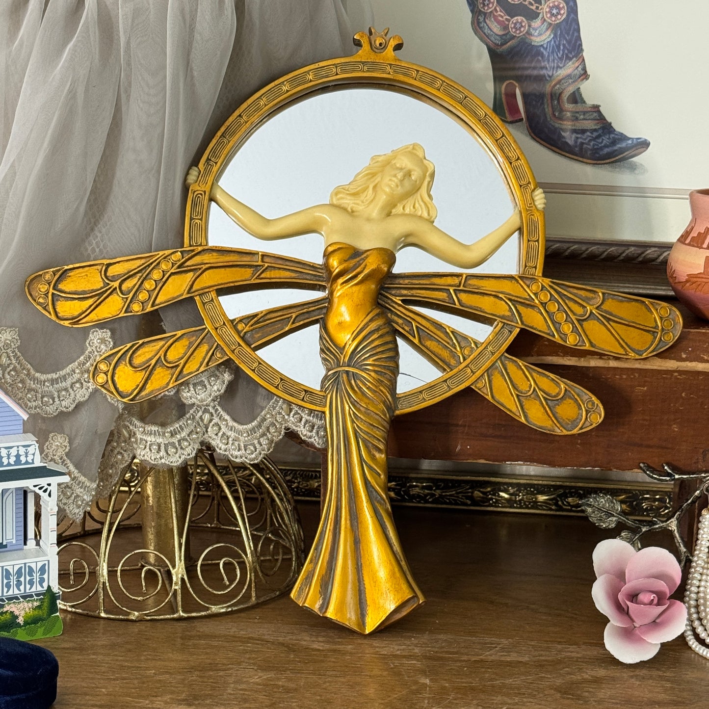 Vintage Design Toscano Art Deco Dragonfly Lady Mirror