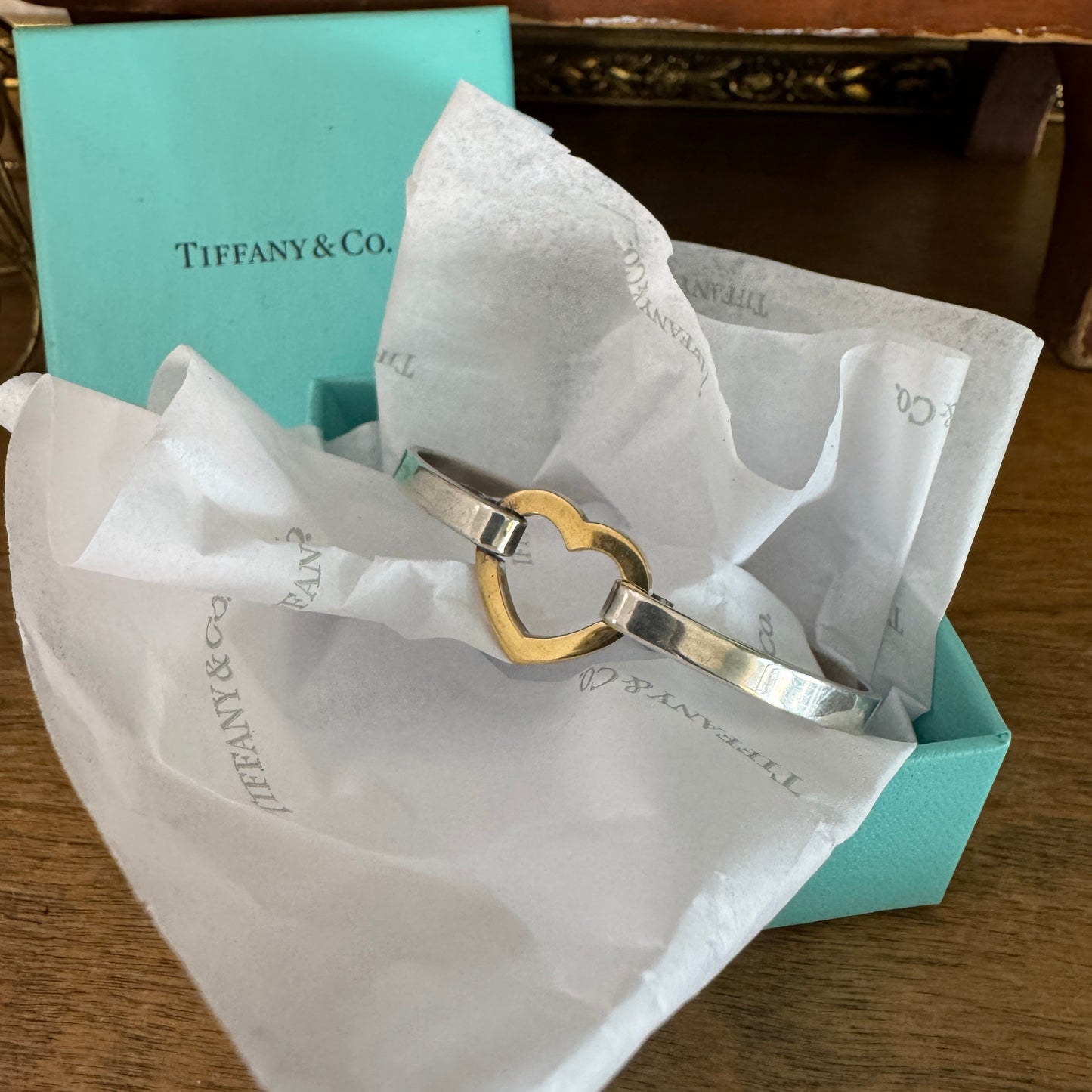 Vintage 2003 Tiffany & Co. 925 and 18K (759) yellow gold Heart Bangle Bracelet