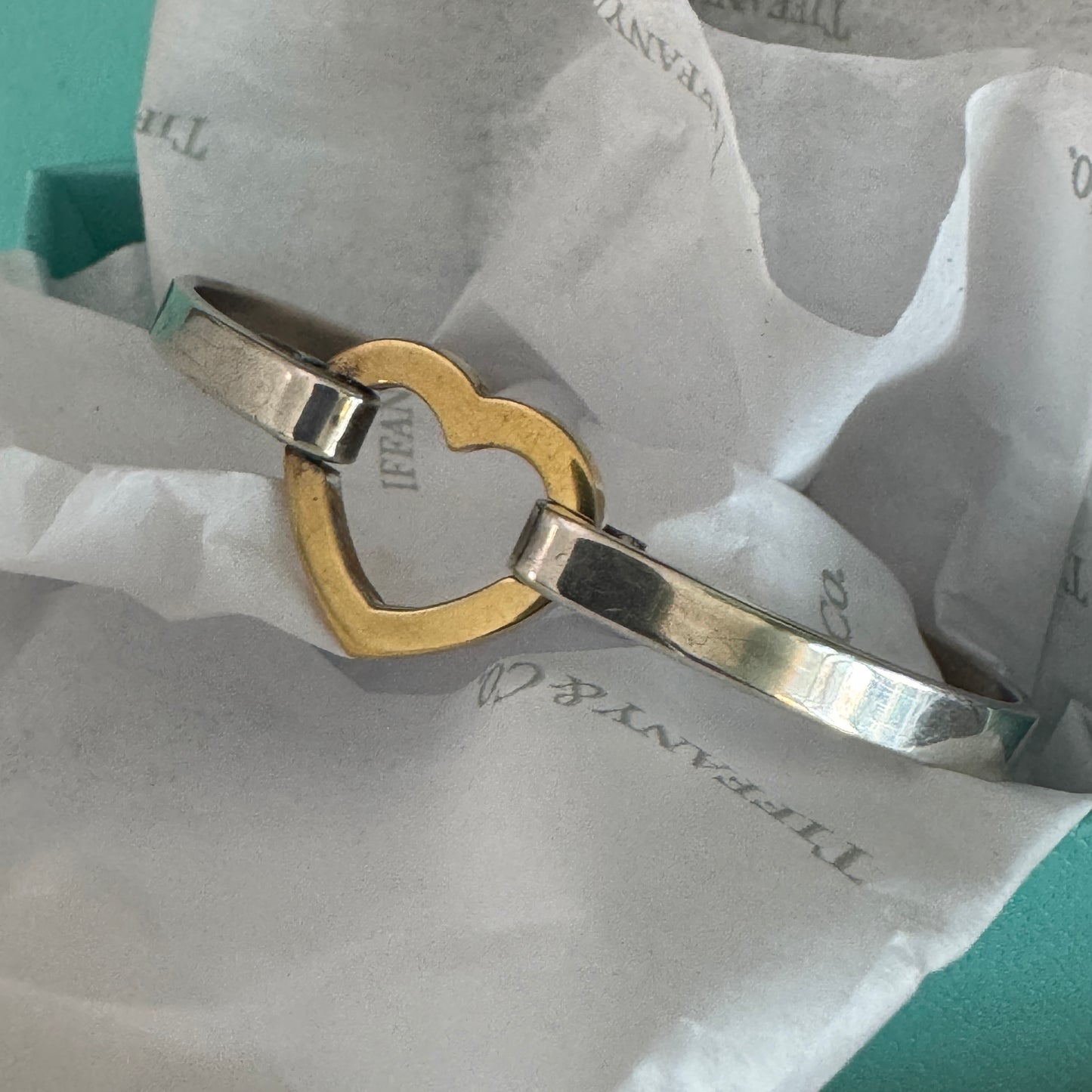 Vintage 2003 Tiffany & Co. 925 and 18K (759) yellow gold Heart Bangle Bracelet