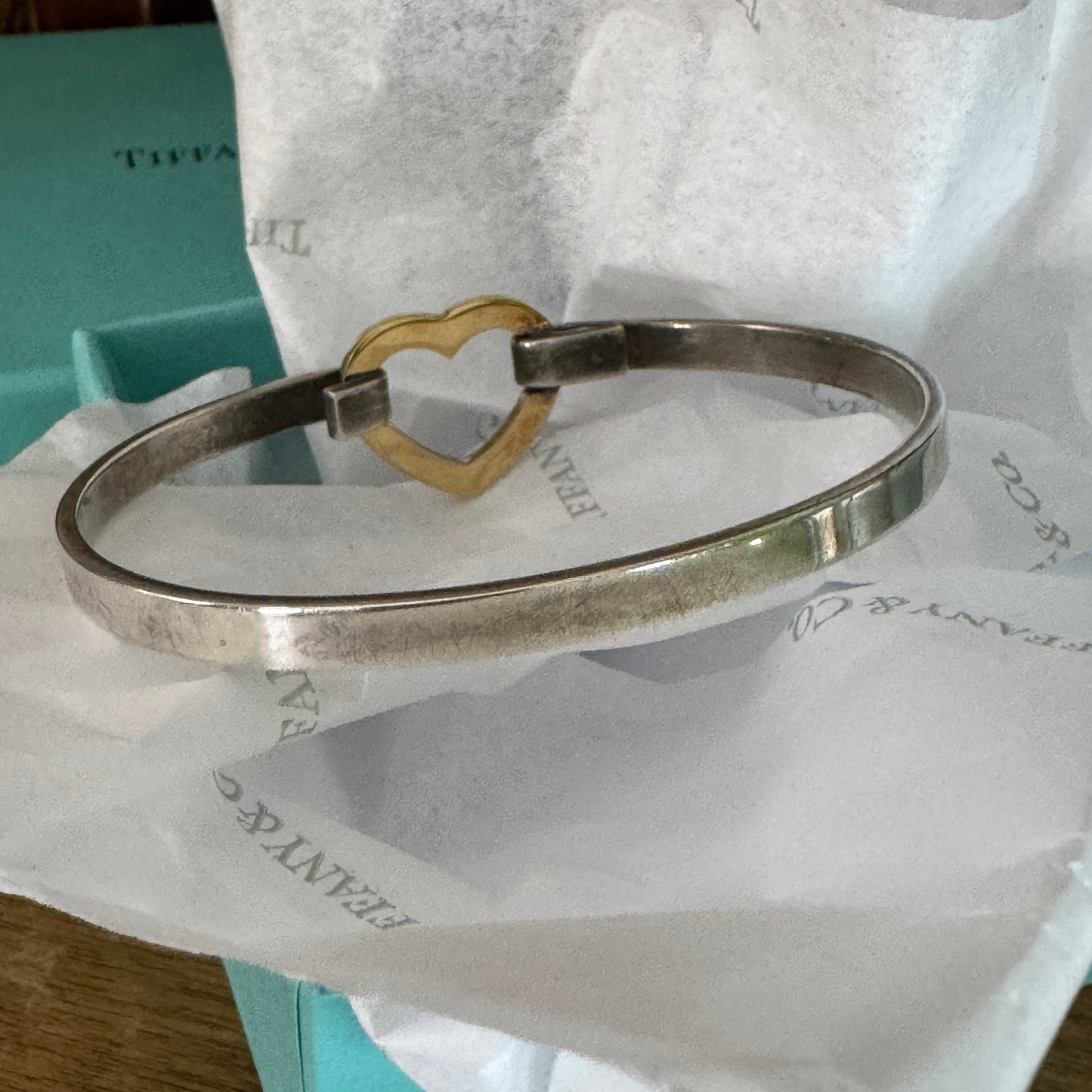 Vintage 2003 Tiffany & Co. 925 and 18K (759) yellow gold Heart Bangle Bracelet