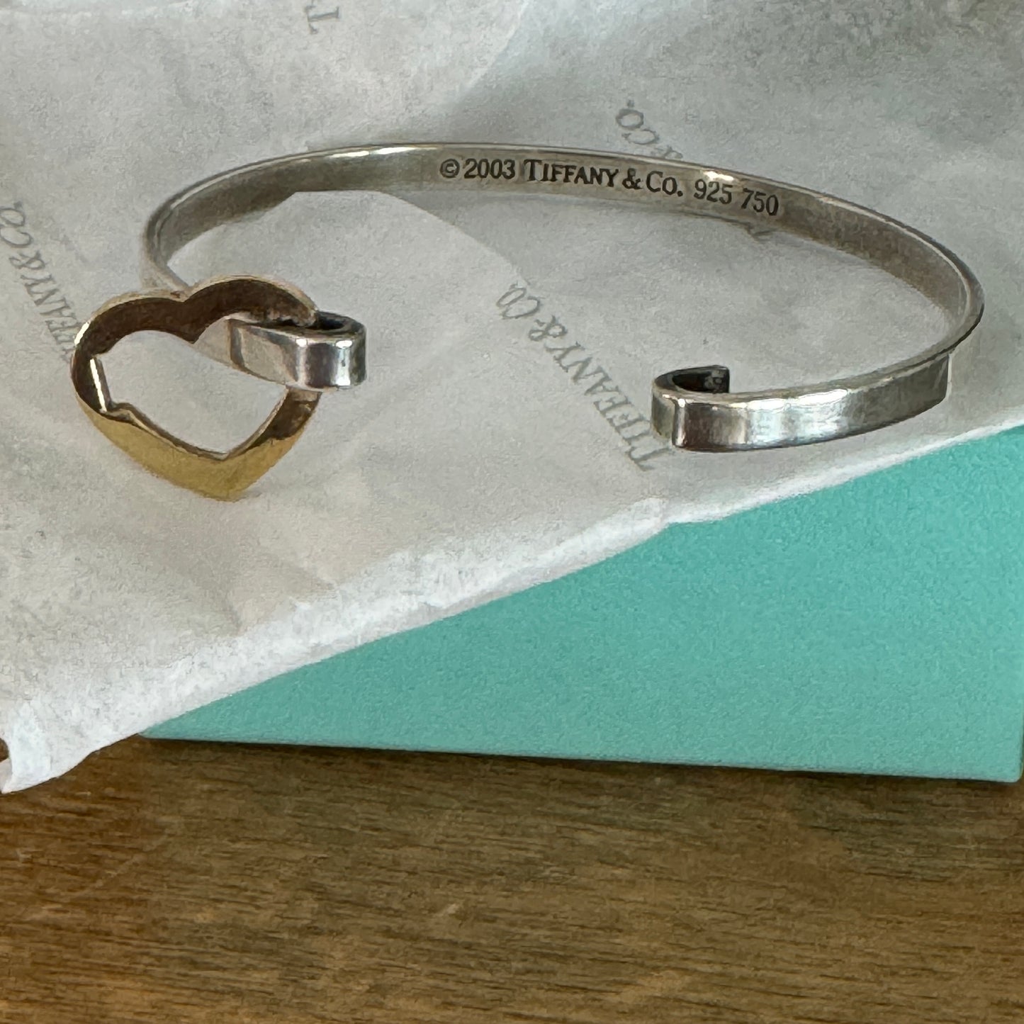Vintage 2003 Tiffany & Co. 925 and 18K (759) yellow gold Heart Bangle Bracelet