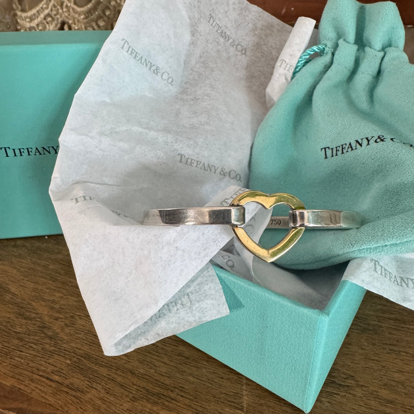 Vintage 2003 Tiffany & Co. 925 and 18K (759) yellow gold Heart Bangle Bracelet