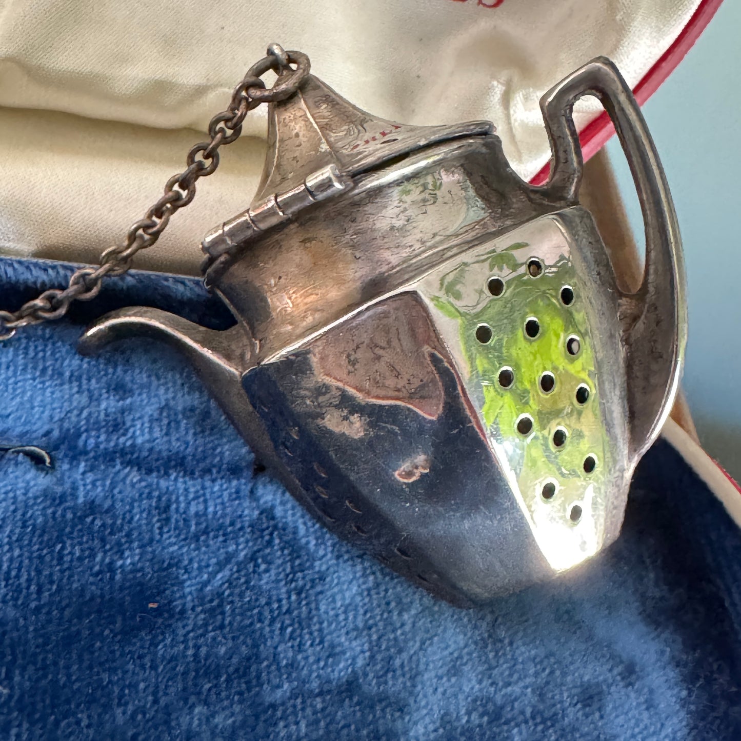 Antique Teapot Shaped Sterling Silver Strainer