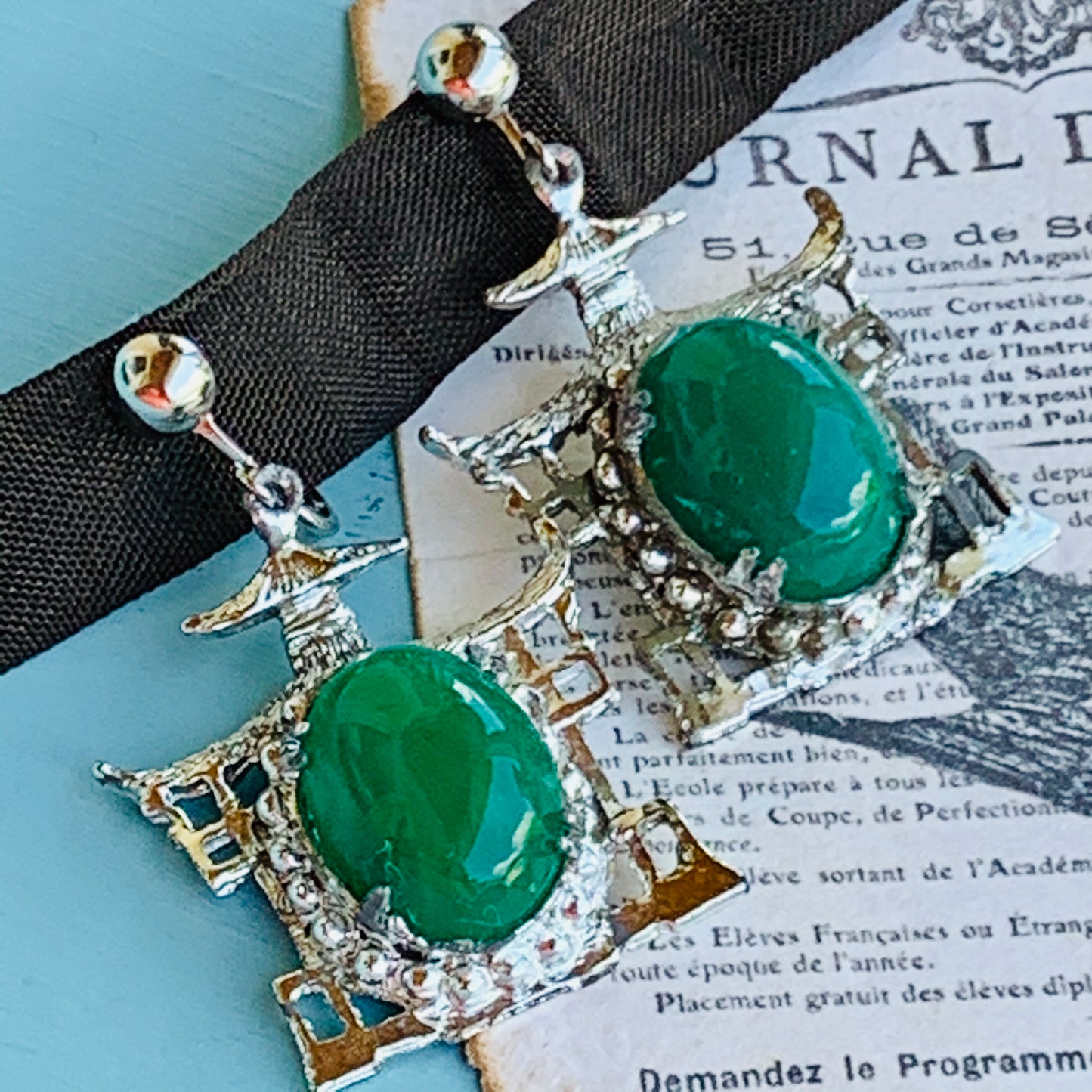 Vintage Chinoiserie Pagoda Green Glass Cab Earrings