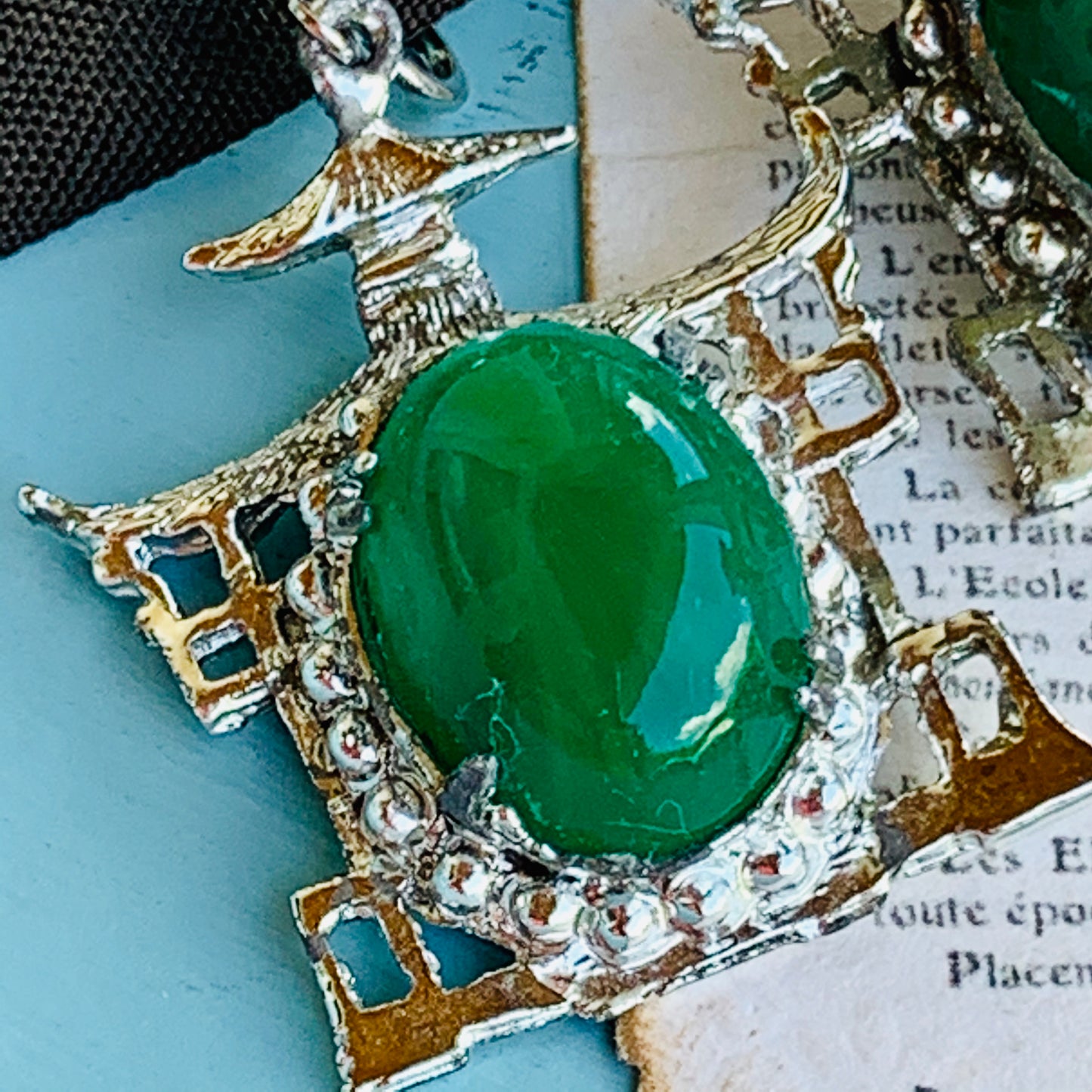 Vintage Chinoiserie Pagoda Green Glass Cab Earrings
