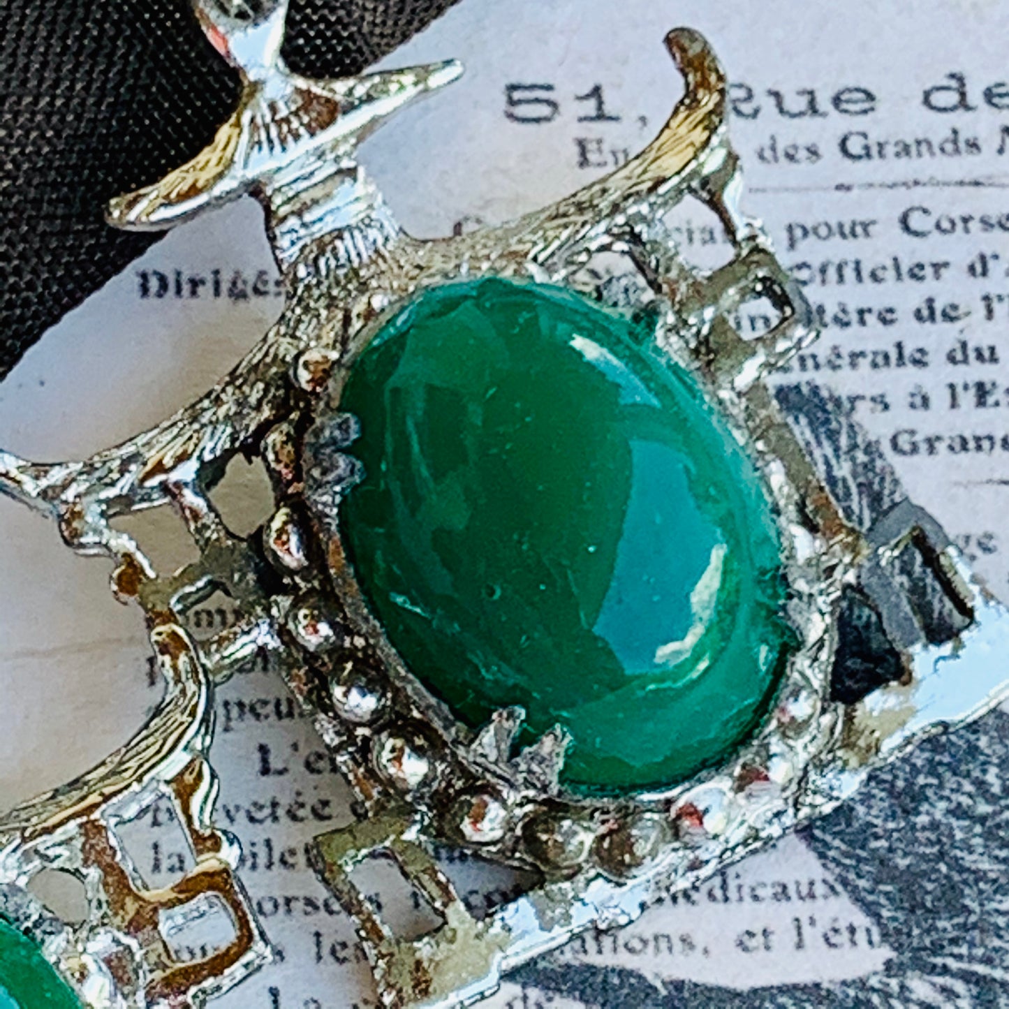 Vintage Chinoiserie Pagoda Green Glass Cab Earrings