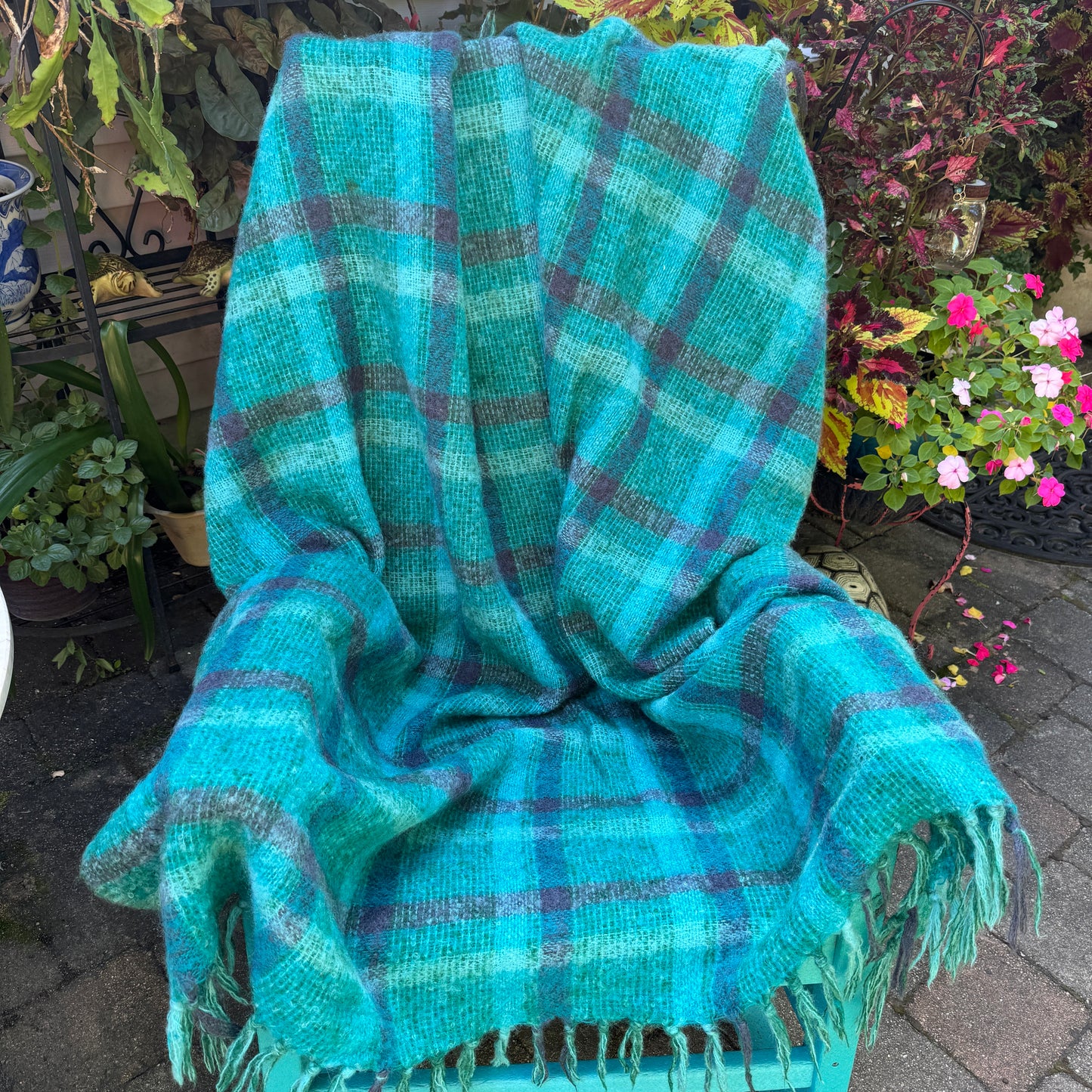 Irish Donegal Design Green,Purple & Blue Plaid Mohair Wool Blanket
