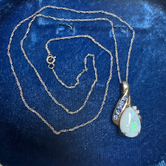 Vintage 10K Gold Opal, Tanzanite and Diamond Pendant Necklace