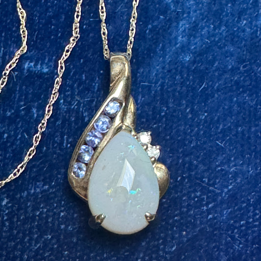 Vintage 10K Gold Opal, Tanzanite and Diamond Pendant Necklace