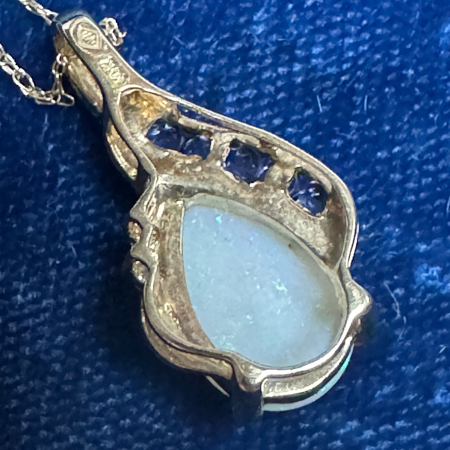 Vintage 10K Gold Opal, Tanzanite and Diamond Pendant Necklace