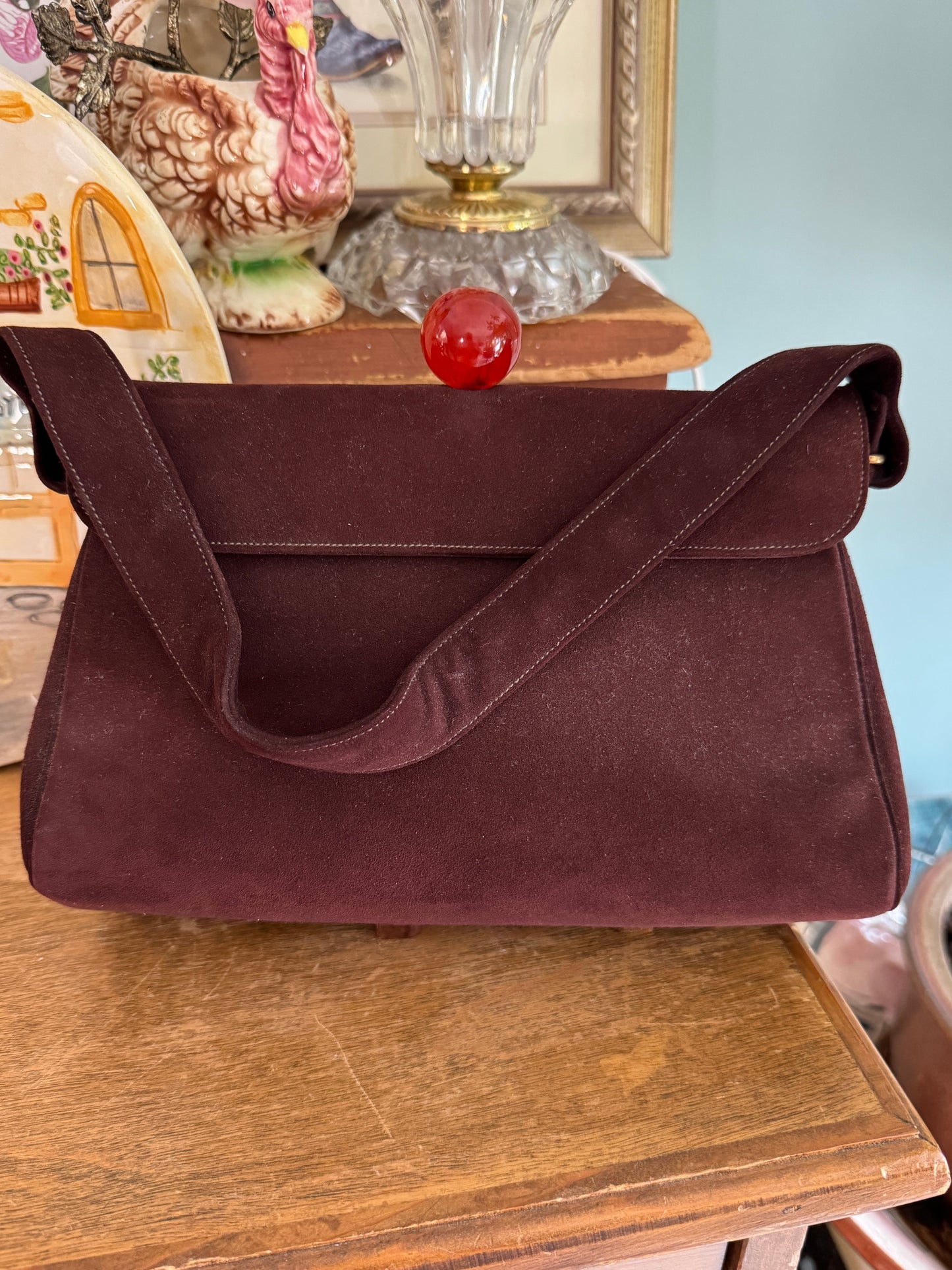 Vintage By Alan Brown Suede Round Bakelite Tortoiseshell Clasp Purse Handbag