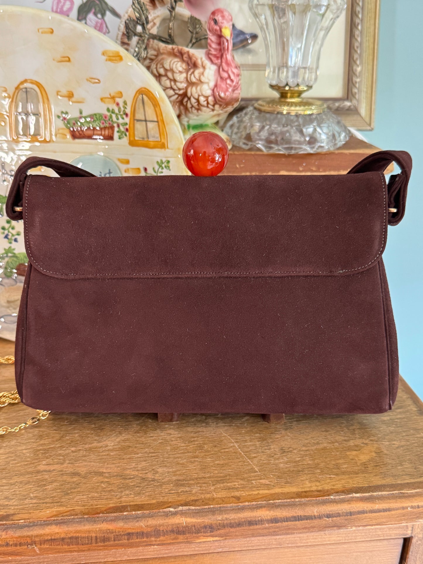 Vintage By Alan Brown Suede Round Bakelite Tortoiseshell Clasp Purse Handbag