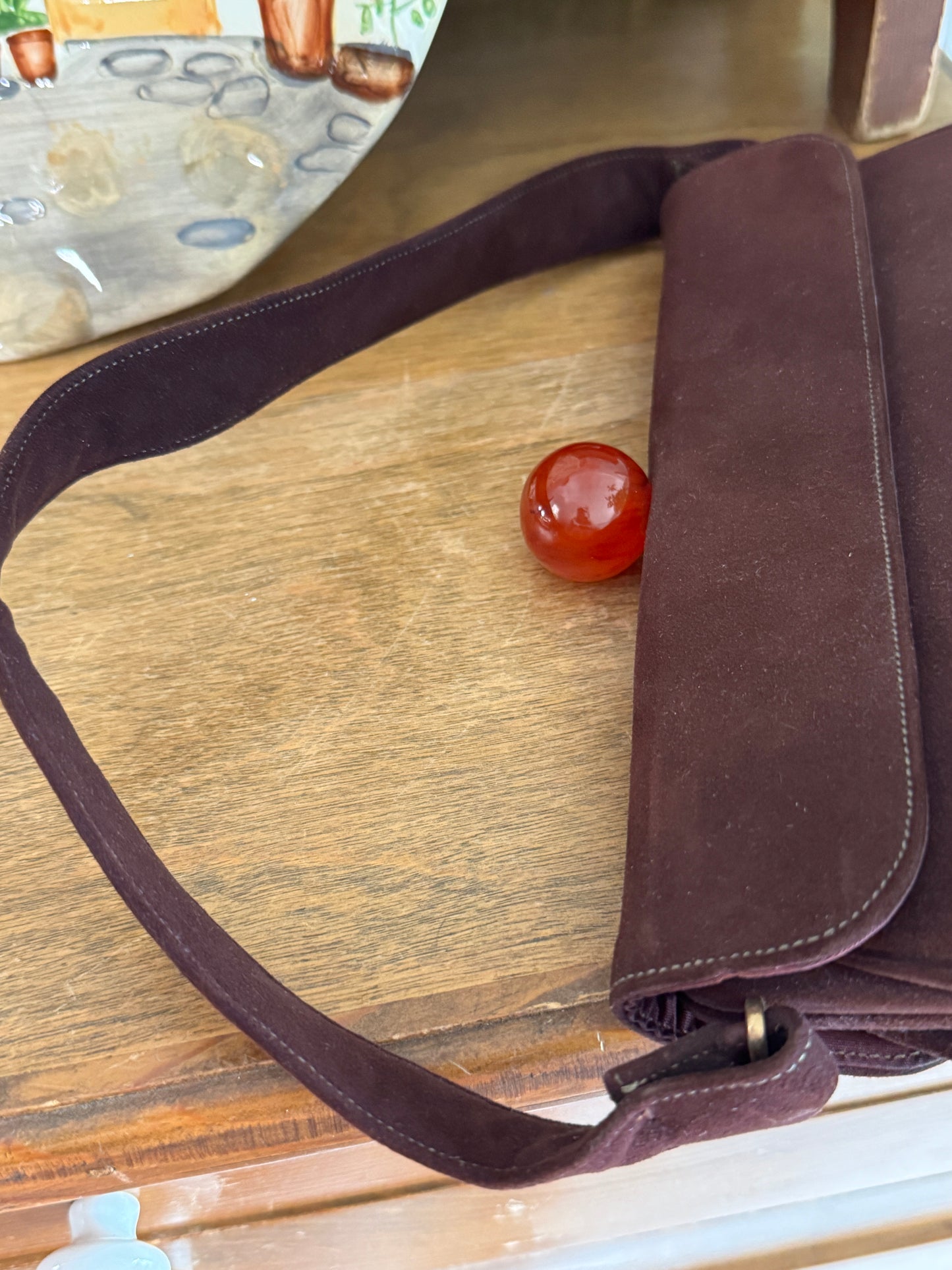 Vintage By Alan Brown Suede Round Bakelite Tortoiseshell Clasp Purse Handbag
