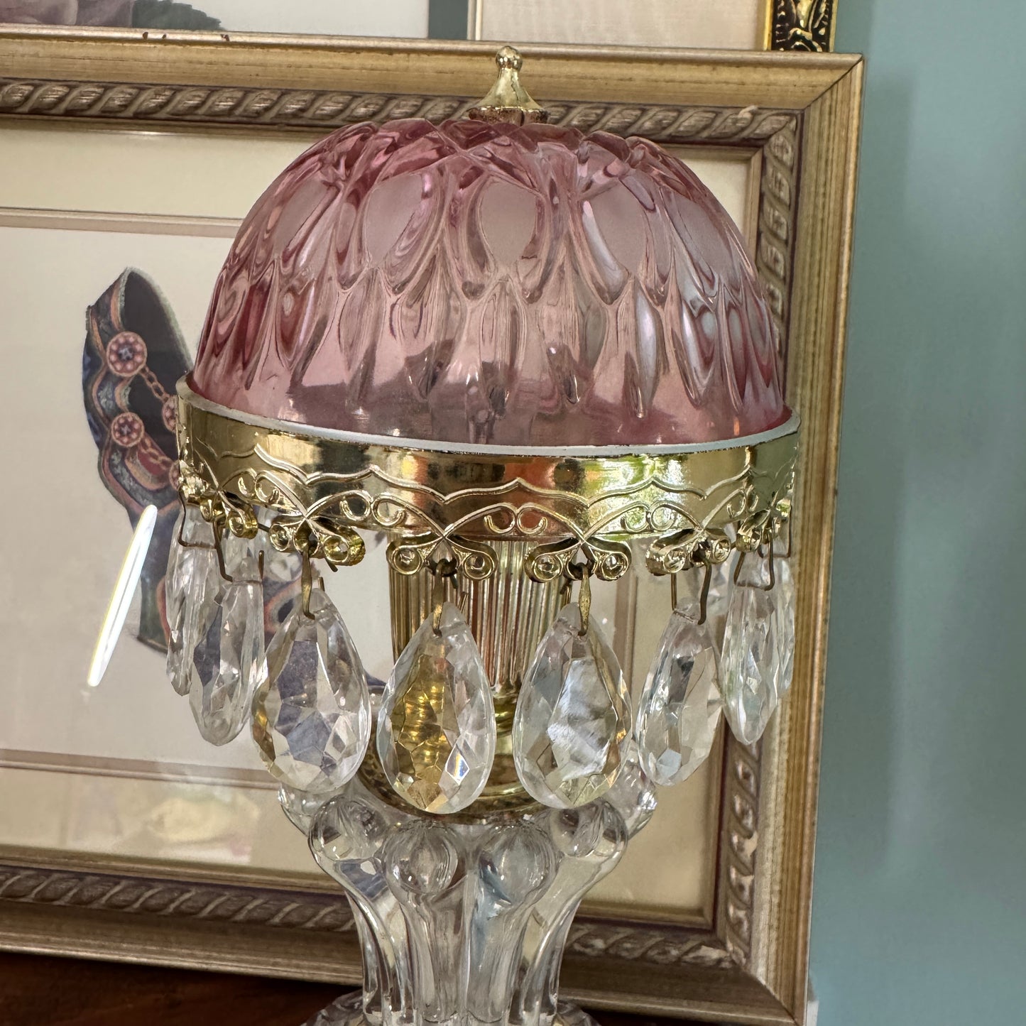 Vintage Dutch Michelotti Pink Glass Clear Prisms Boudoir Lamp