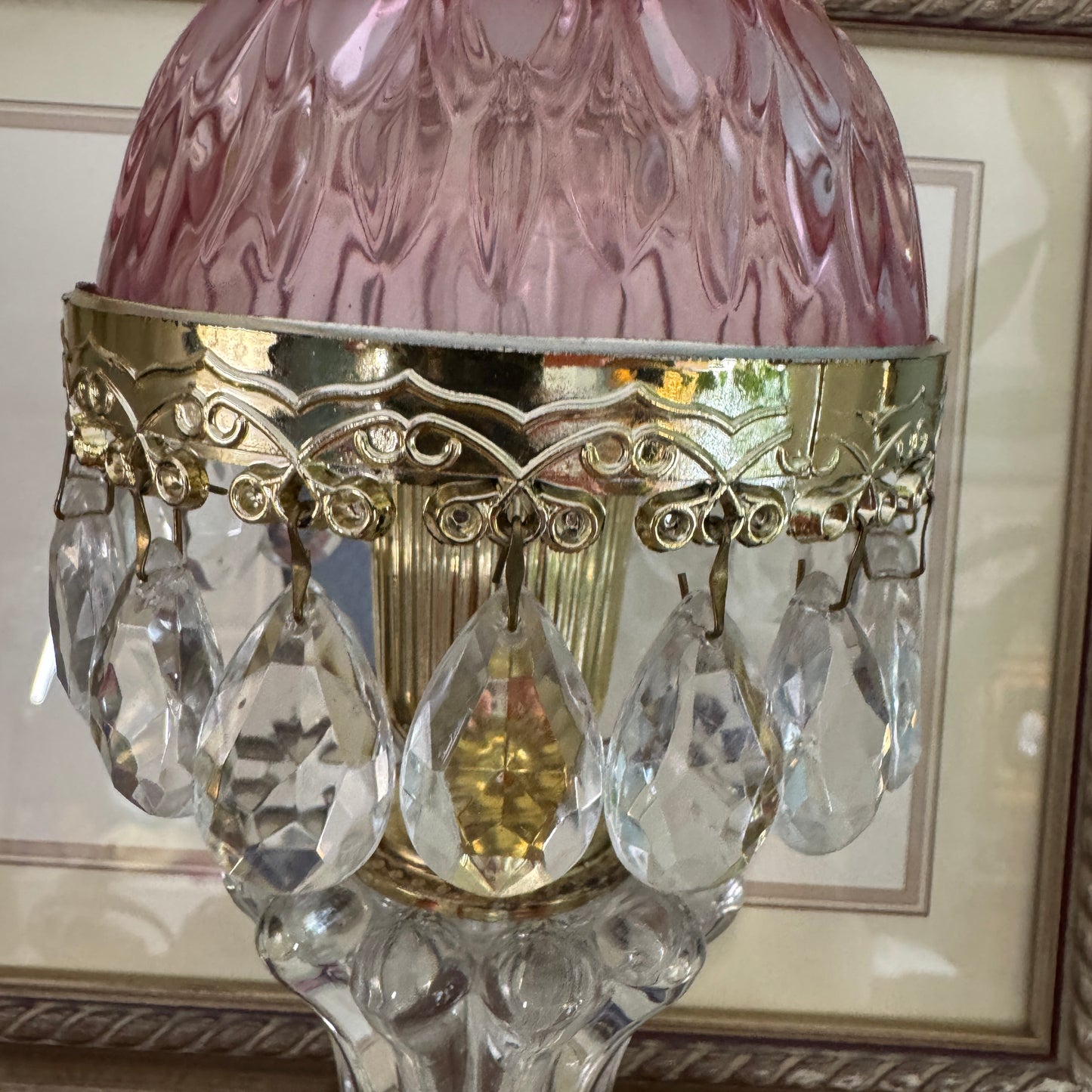 Vintage Dutch Michelotti Pink Glass Clear Prisms Boudoir Lamp