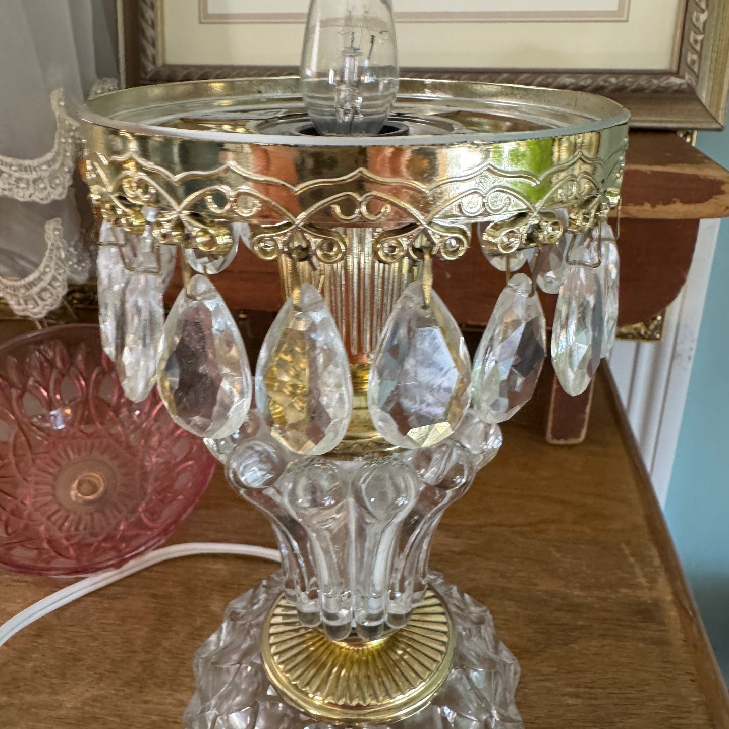 Vintage Dutch Michelotti Pink Glass Clear Prisms Boudoir Lamp
