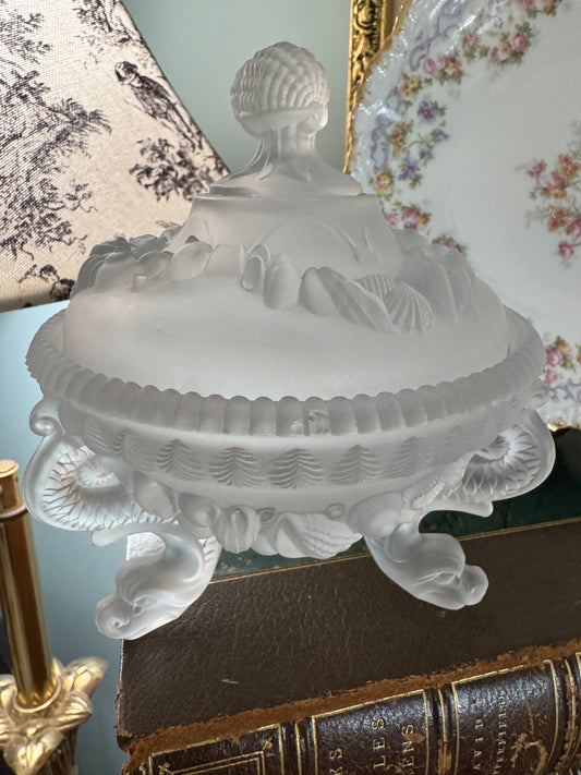 Westmoreland Arganaut Covered Satin Glass Dish Dolphin Footed Much Loved